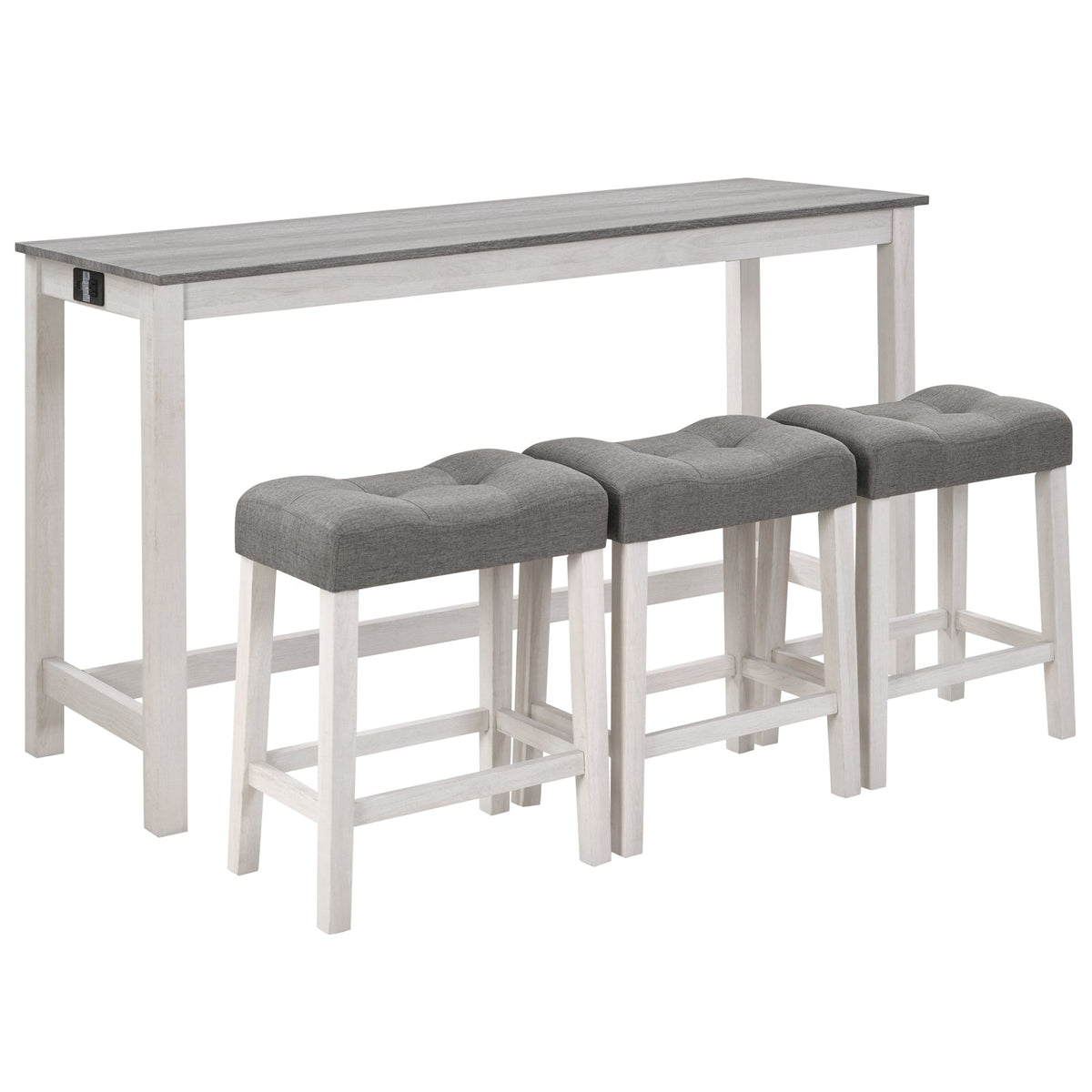 4-Piece Bar Table Set with Stools and Power Outlet, White & Grey