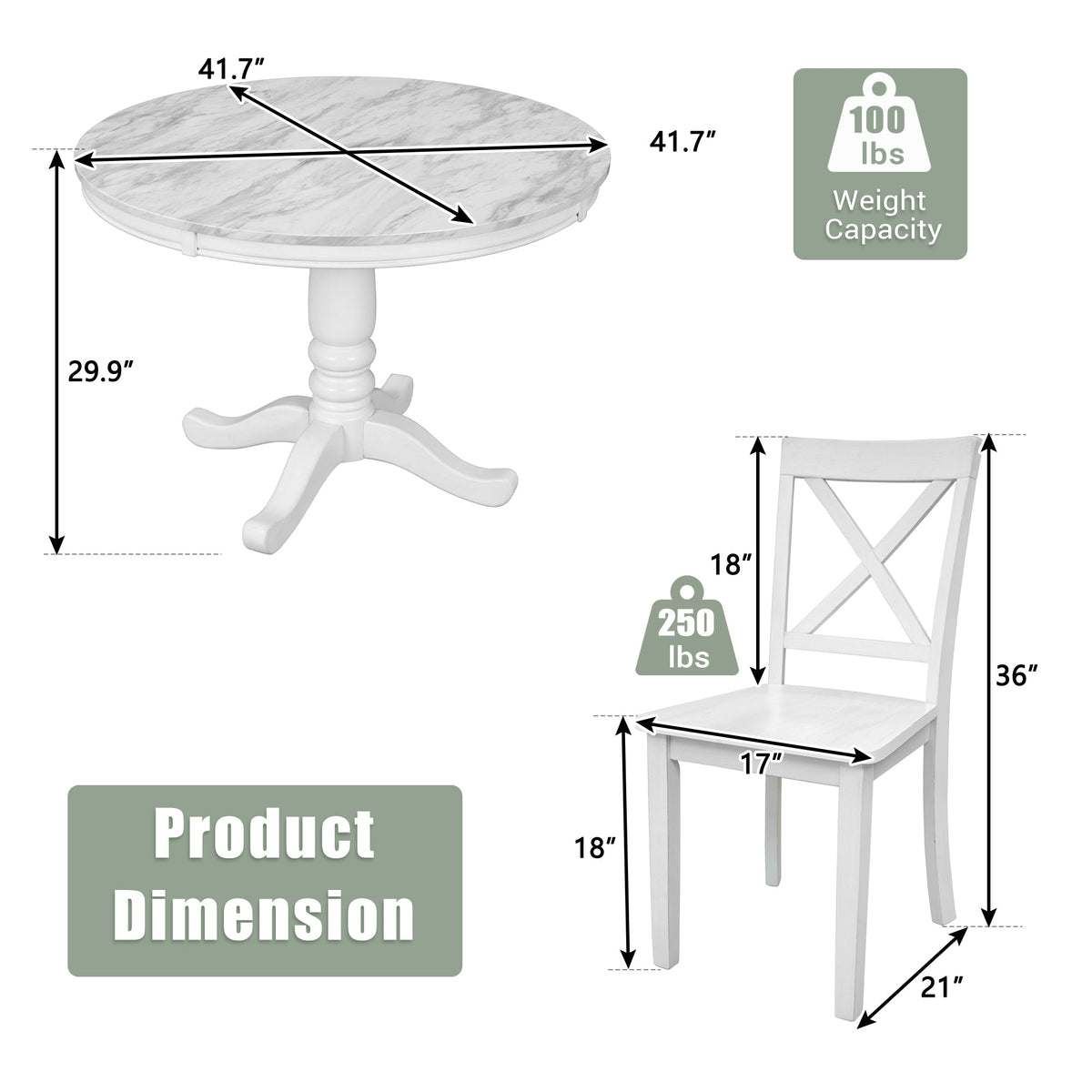 5-Piece White Solid Wood Dining Table Set for 4