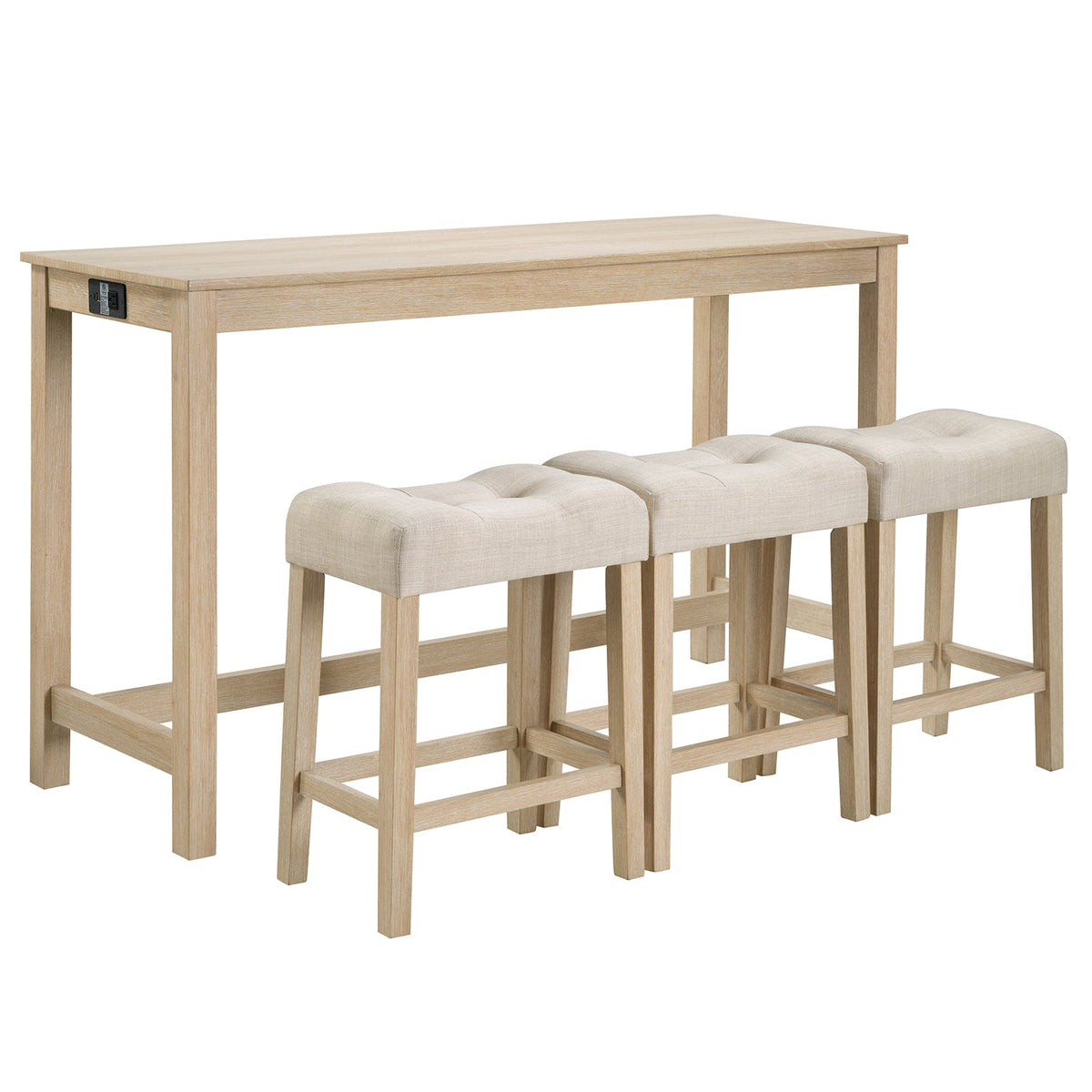 4-Piece Bar Table Set with Stools and Power Outlet, Light Oak