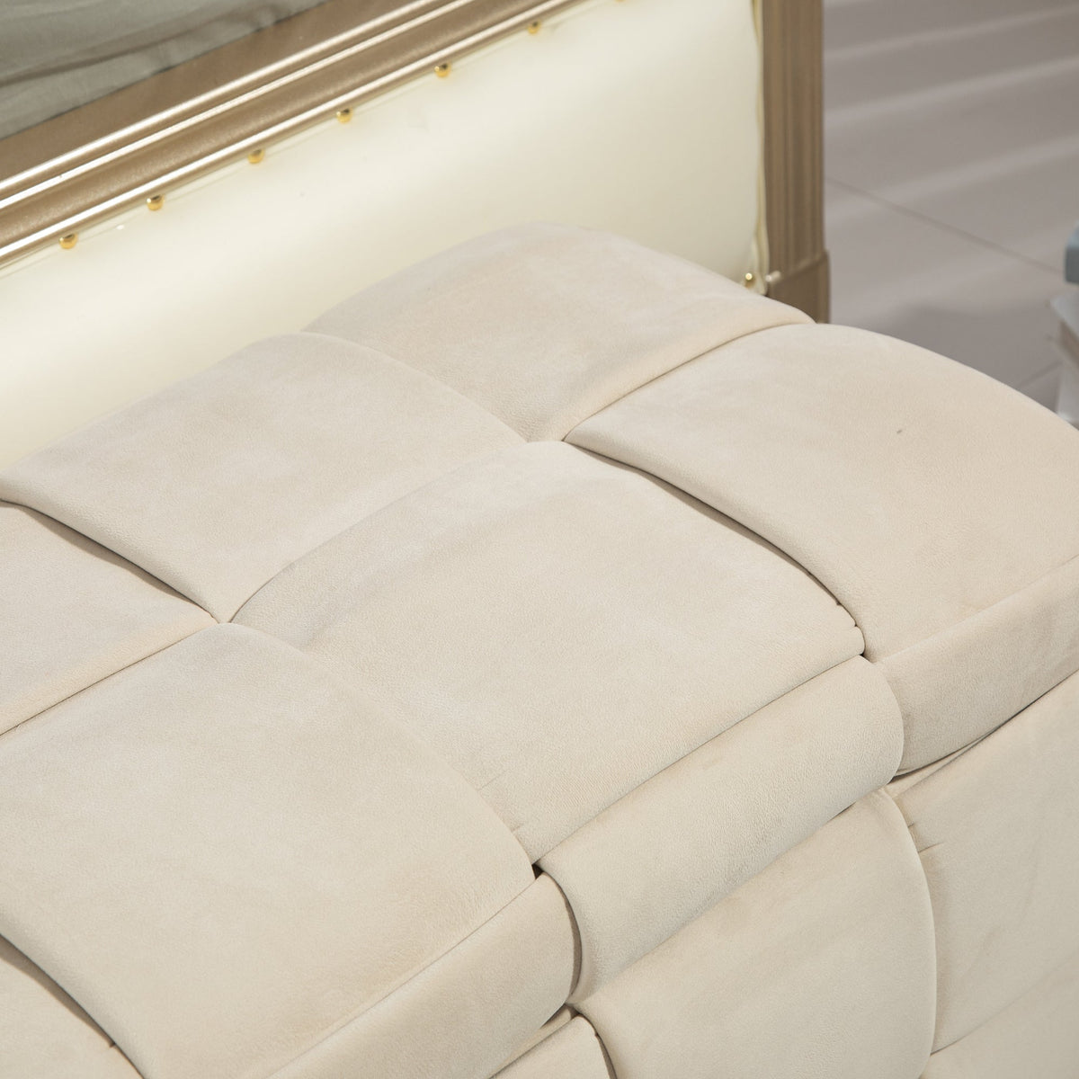 Beige Cushioned Storage Ottoman with Safety Hinge