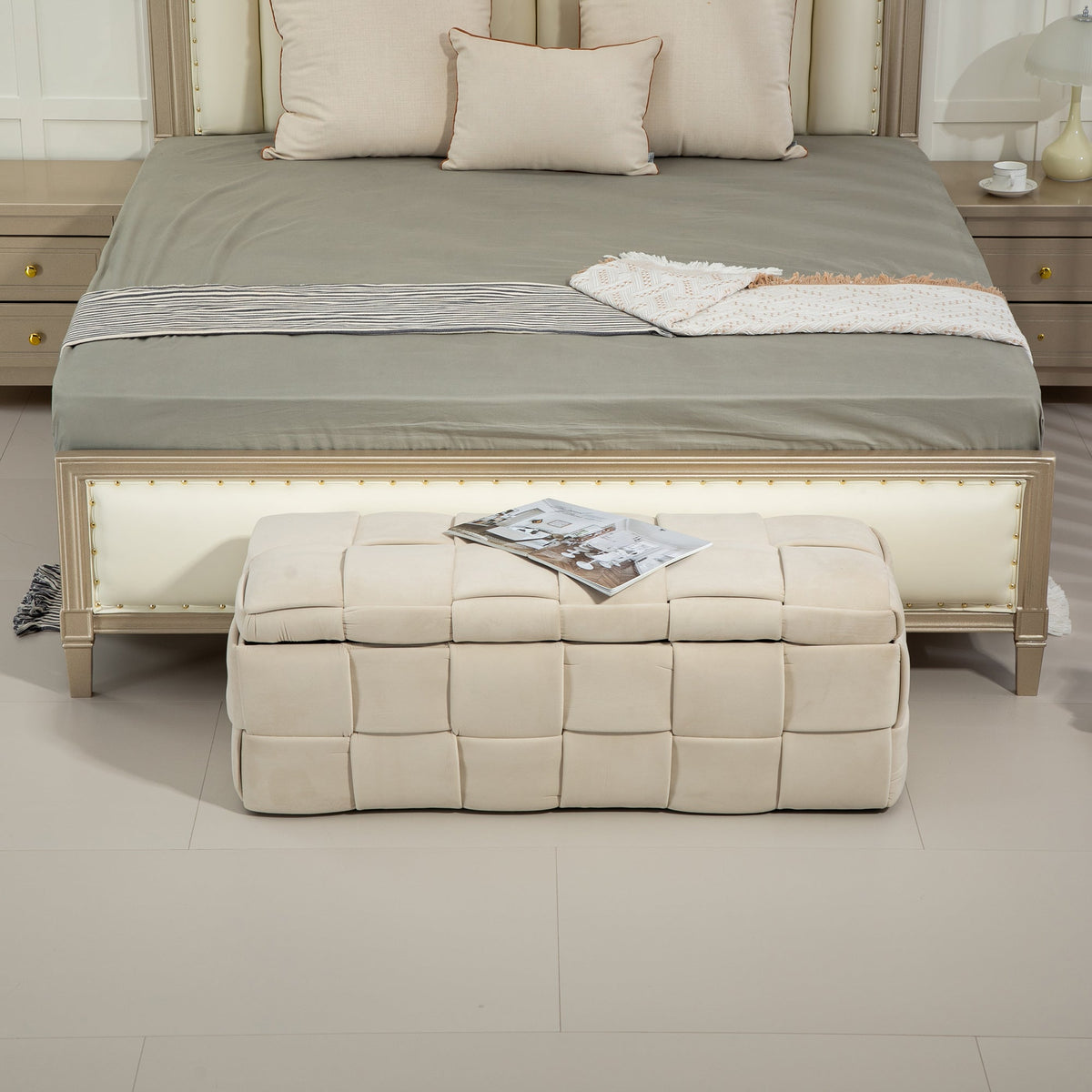 Beige Cushioned Storage Ottoman with Safety Hinge