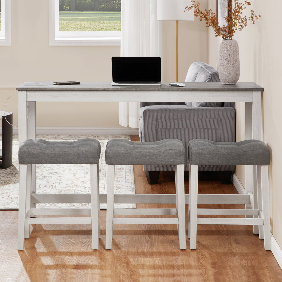 4-Piece Bar Table Set with Stools and Power Outlet, White & Grey