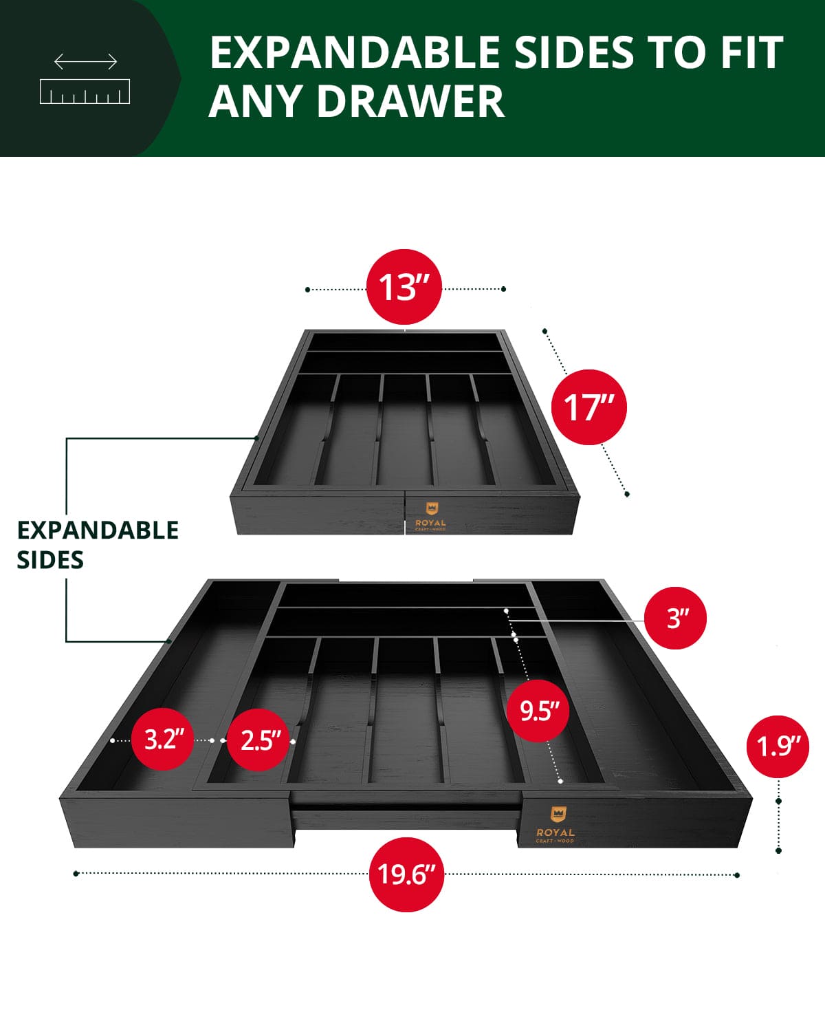 Silverware Drawer Organizer, Black (9 Slots)