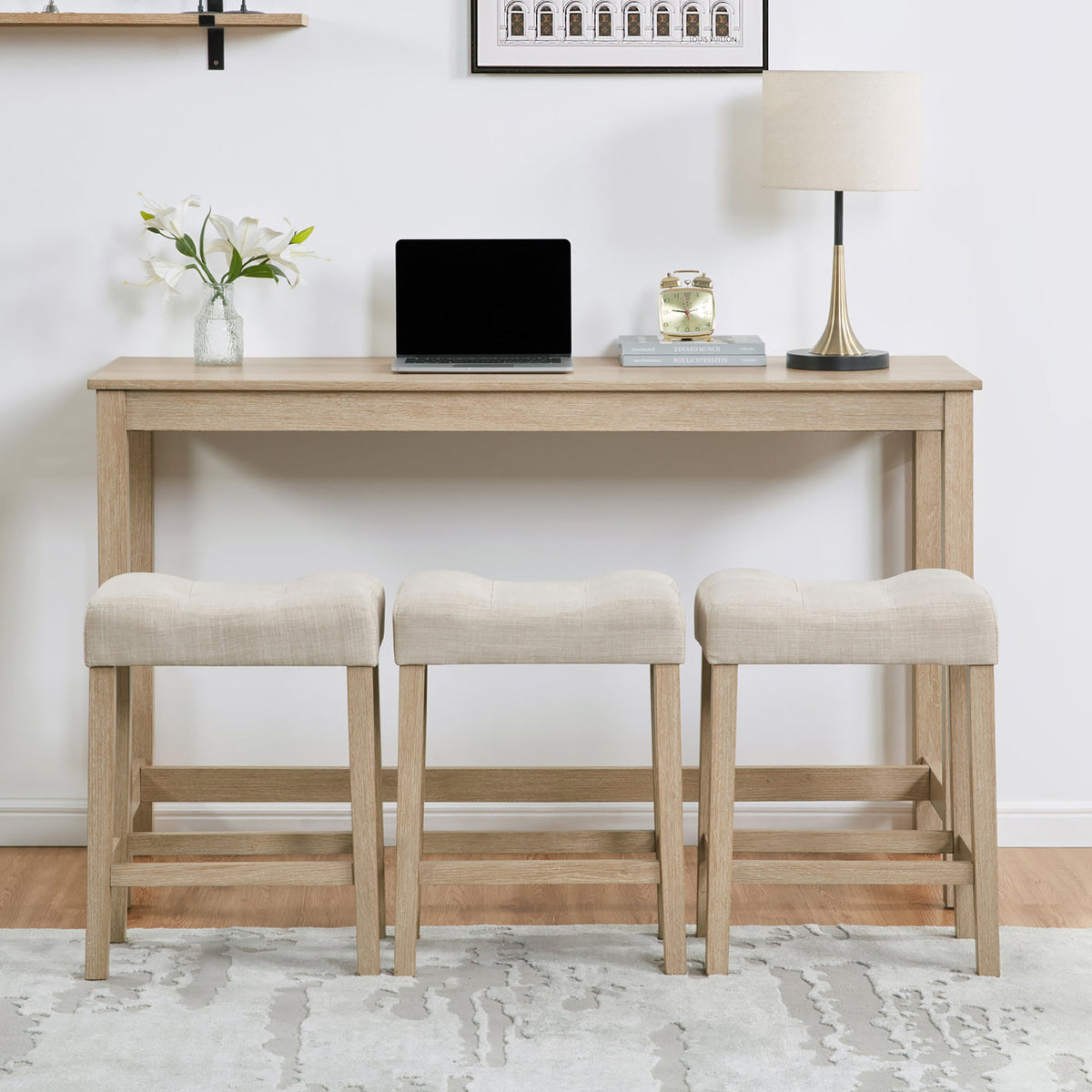 4-Piece Bar Table Set with Stools and Power Outlet, Light Oak