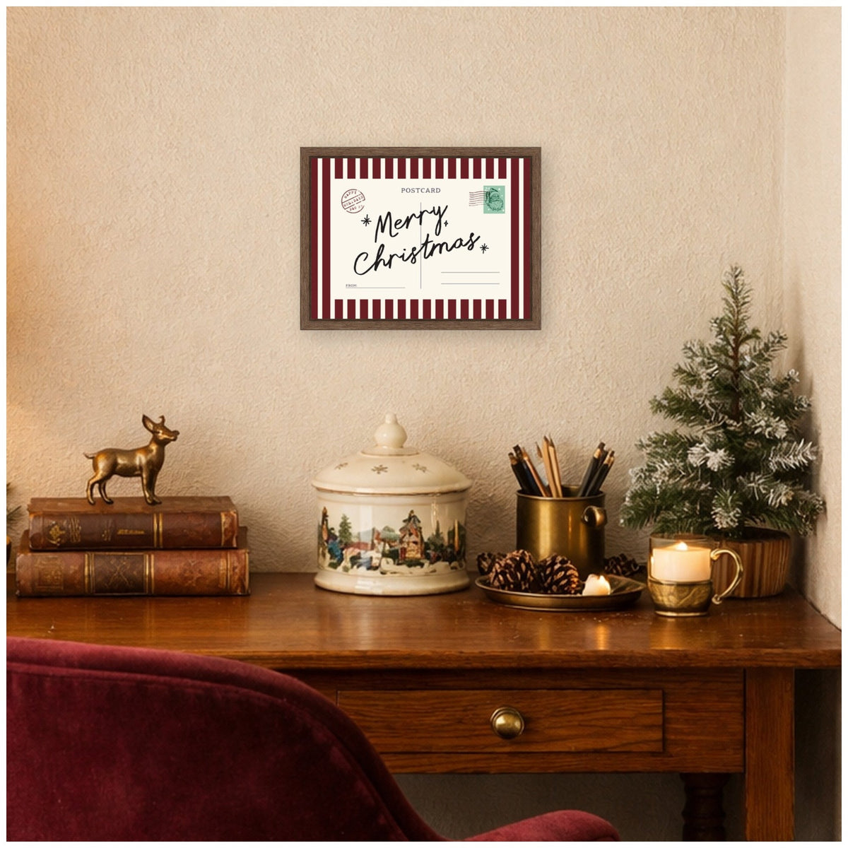 Vintage Merry Christmas Card by Lucky Guava Framed Canvas Wall Art Print