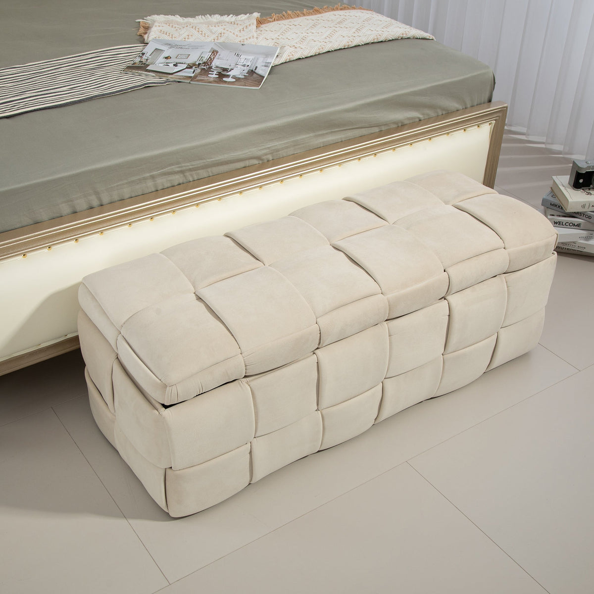 Beige Cushioned Storage Ottoman with Safety Hinge
