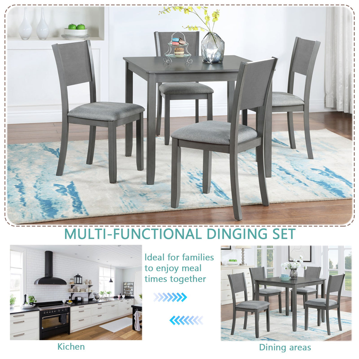 5-Piece Square Wooden Dining Set with Upholstered Chairs, Gray