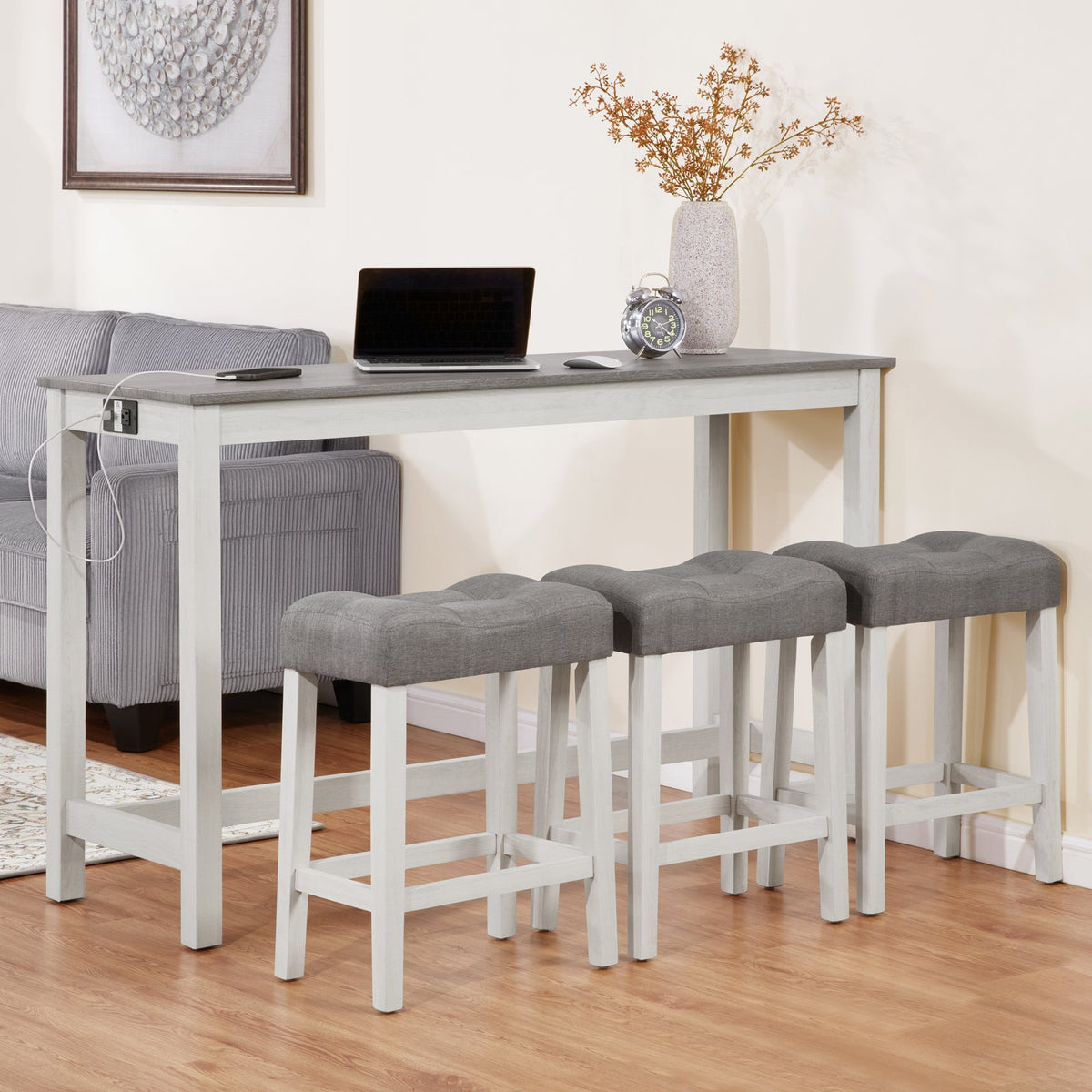 4-Piece Bar Table Set with Stools and Power Outlet, White & Grey
