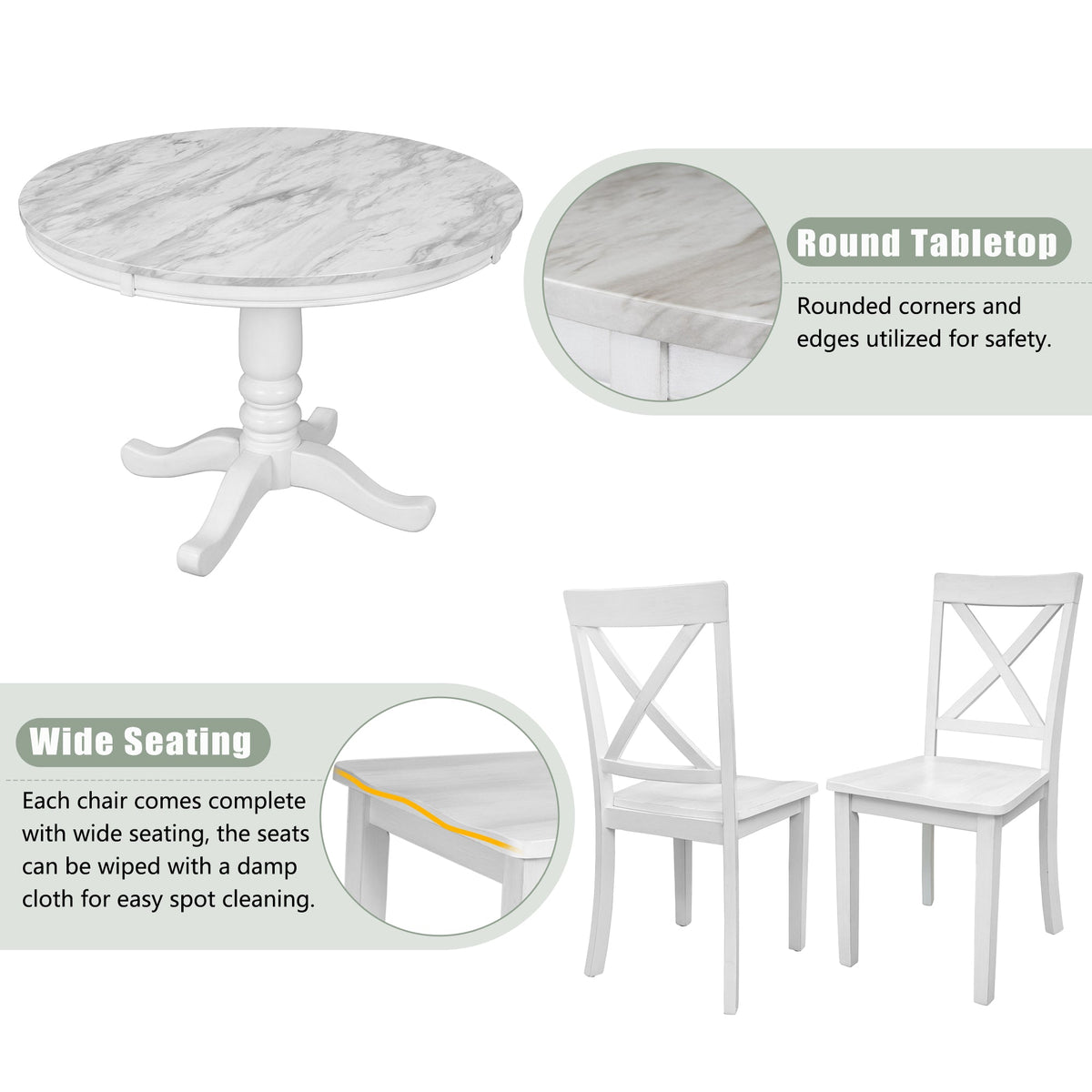 5-Piece White Solid Wood Dining Table Set for 4