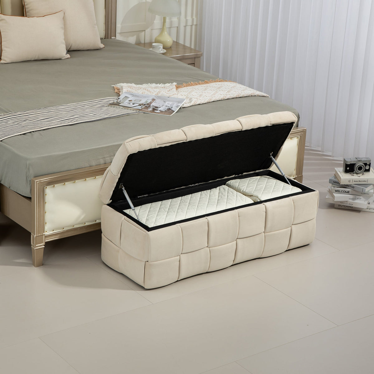 Beige Cushioned Storage Ottoman with Safety Hinge