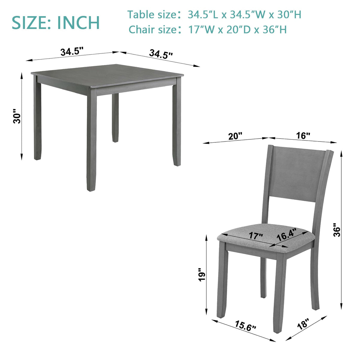 5-Piece Square Wooden Dining Set with Upholstered Chairs, Gray