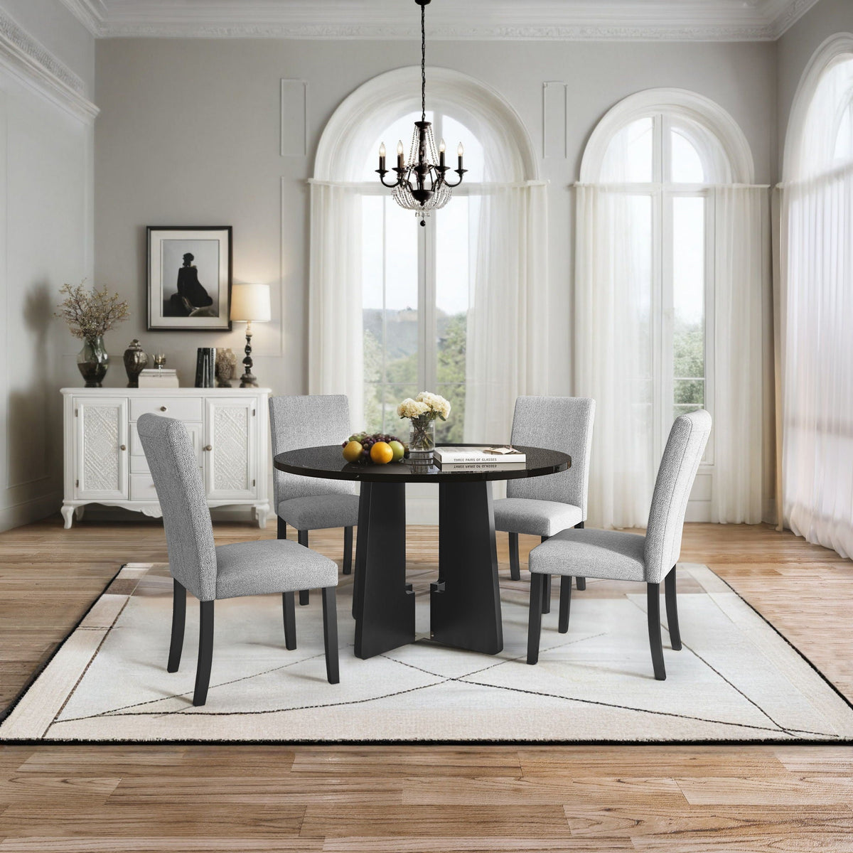 5 Piece Round Dining Table Set, Modern Table And 4 Upholstered Chairs For Dining Room