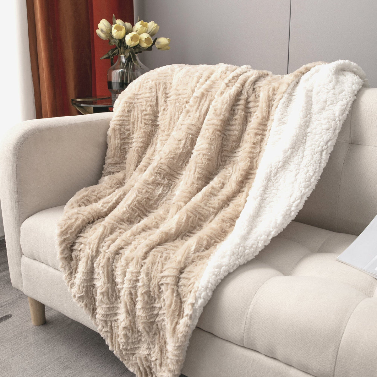 Gold Geometric Faux Fur Throw Blanket with Sherpa Back