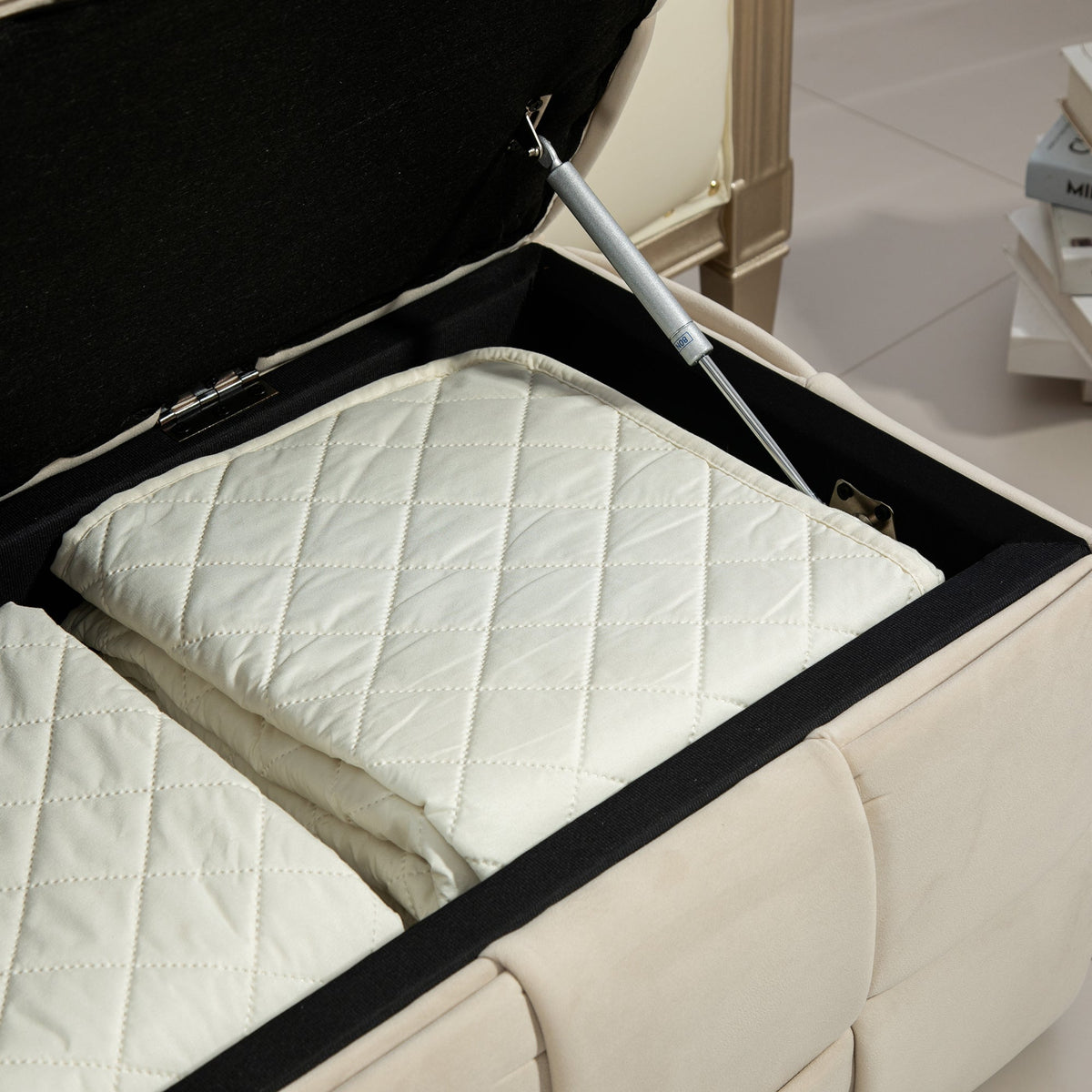 Beige Cushioned Storage Ottoman with Safety Hinge