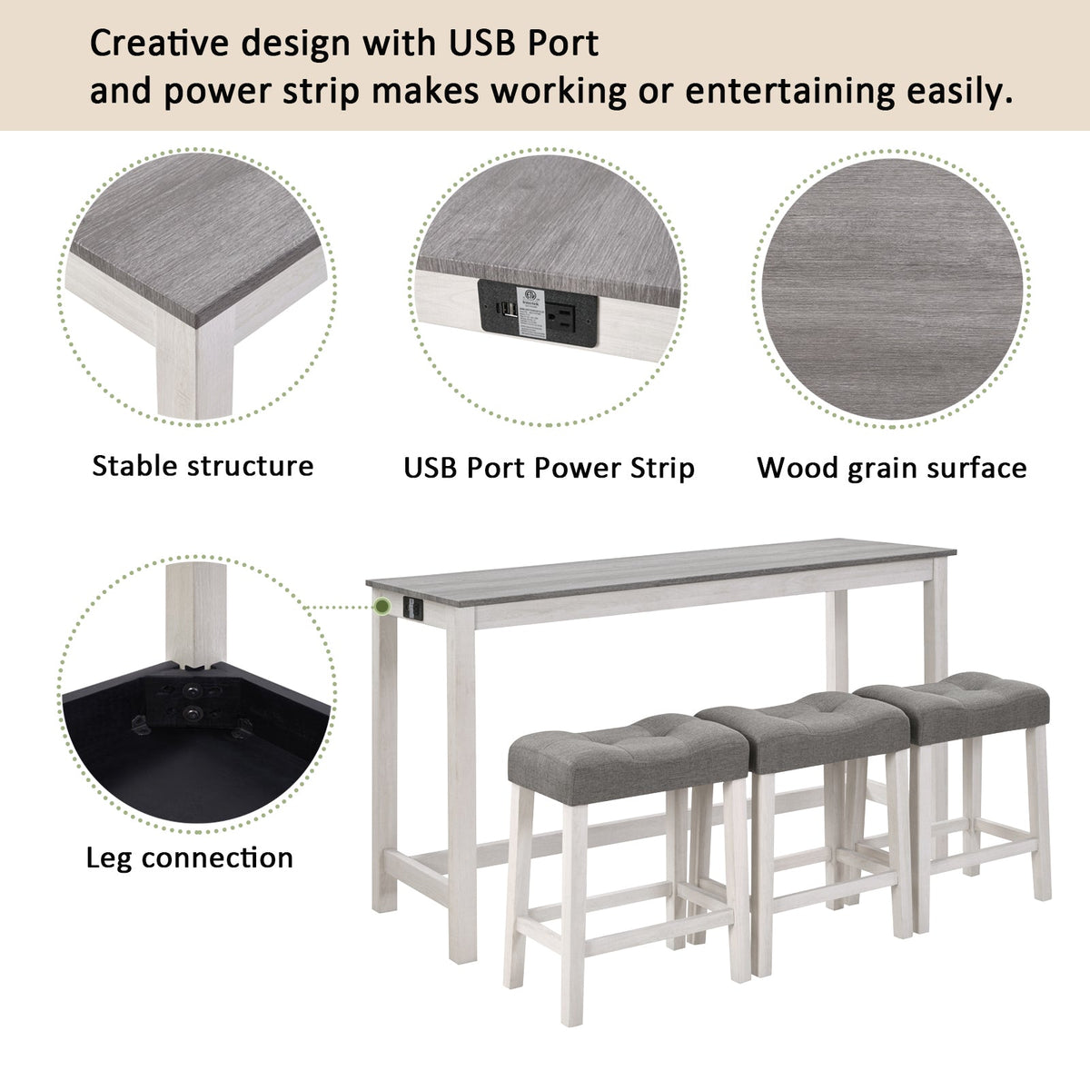 4-Piece Bar Table Set with Stools and Power Outlet, White & Grey