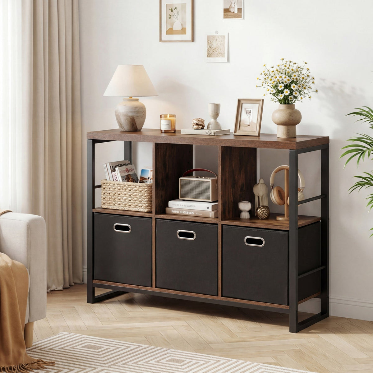 6-Cube Industrial Bookshelf with Storage Bins & Metal Frame ...