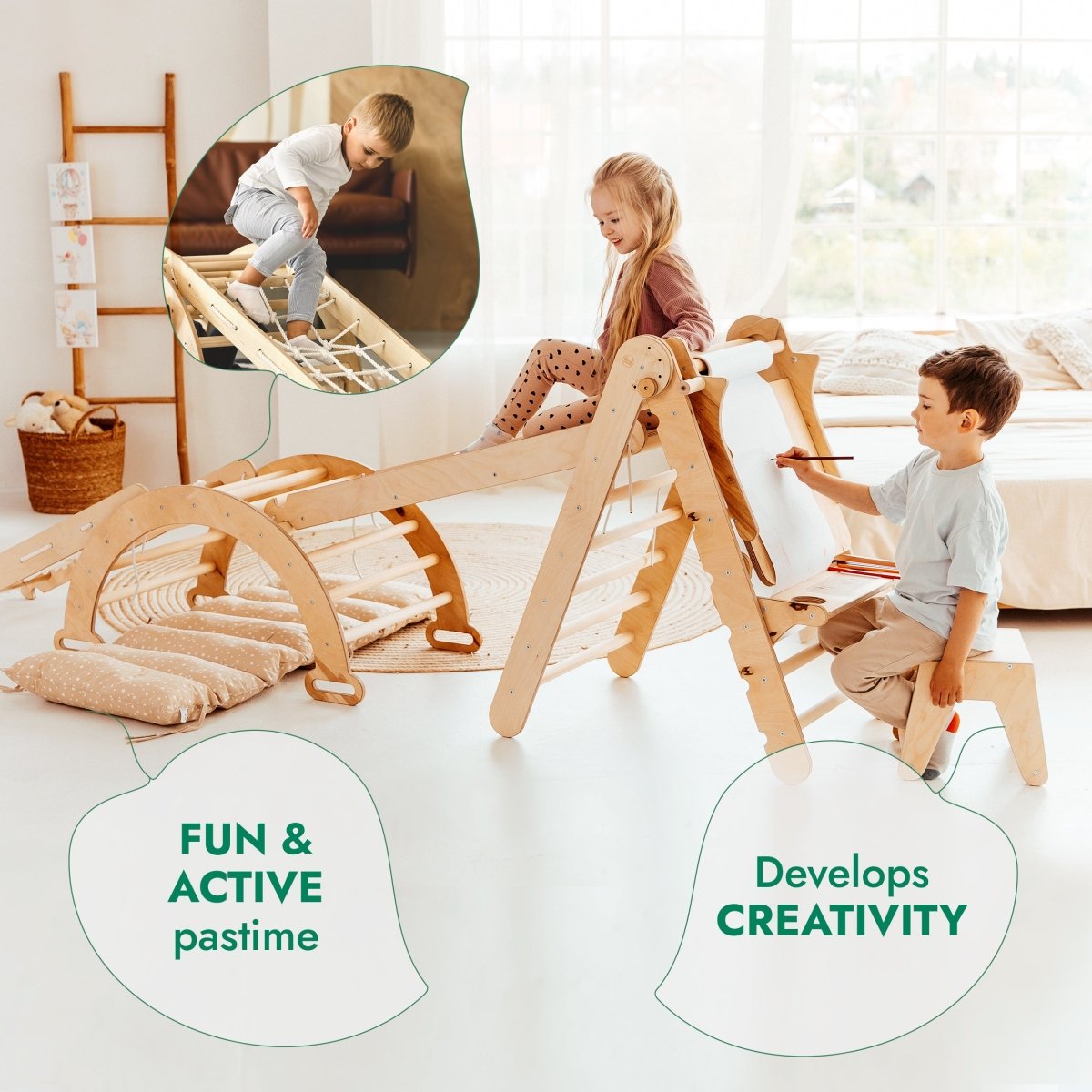 6in1 Montessori Climbing Set: Triangle Ladder + Arch/Rocker + Slide/Ramp + Net + Cushion + Art Addition