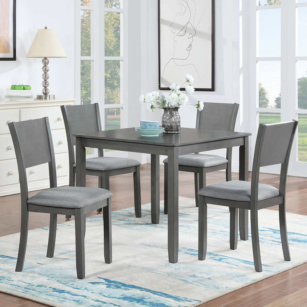 5-Piece Square Wooden Dining Set with Upholstered Chairs, Gray