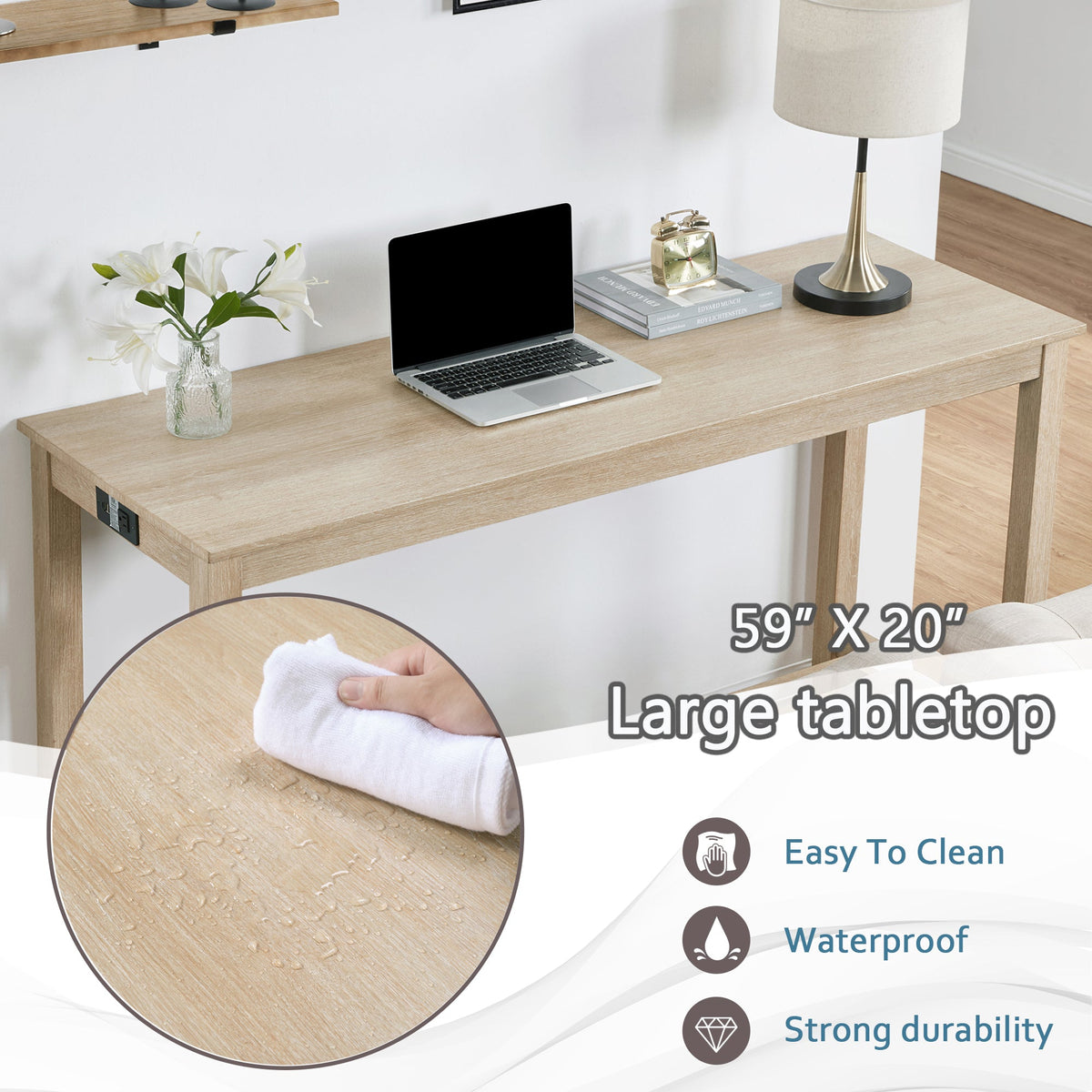 4-Piece Bar Table Set with Stools and Power Outlet, Light Oak