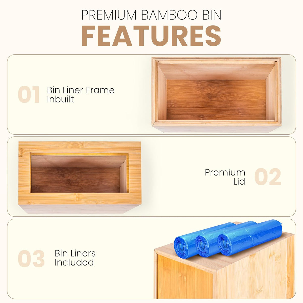 Bamboo Waste Basket with Lid and Liner Frame