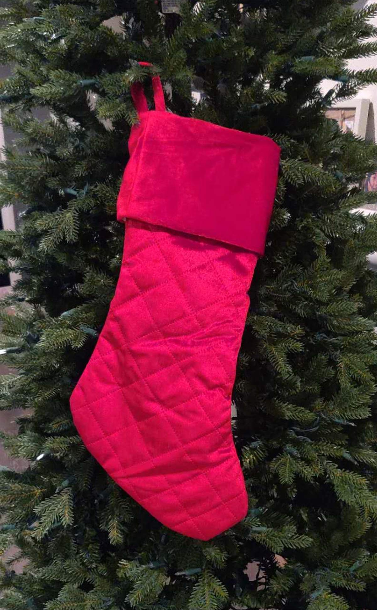 Fennco Styles Vintage Velvet Allover Tree Pattern Stocking 8 x 19 Inch - Red Christmas Stocking for Holiday, Home Decor, Family Gathering and Special Occasion