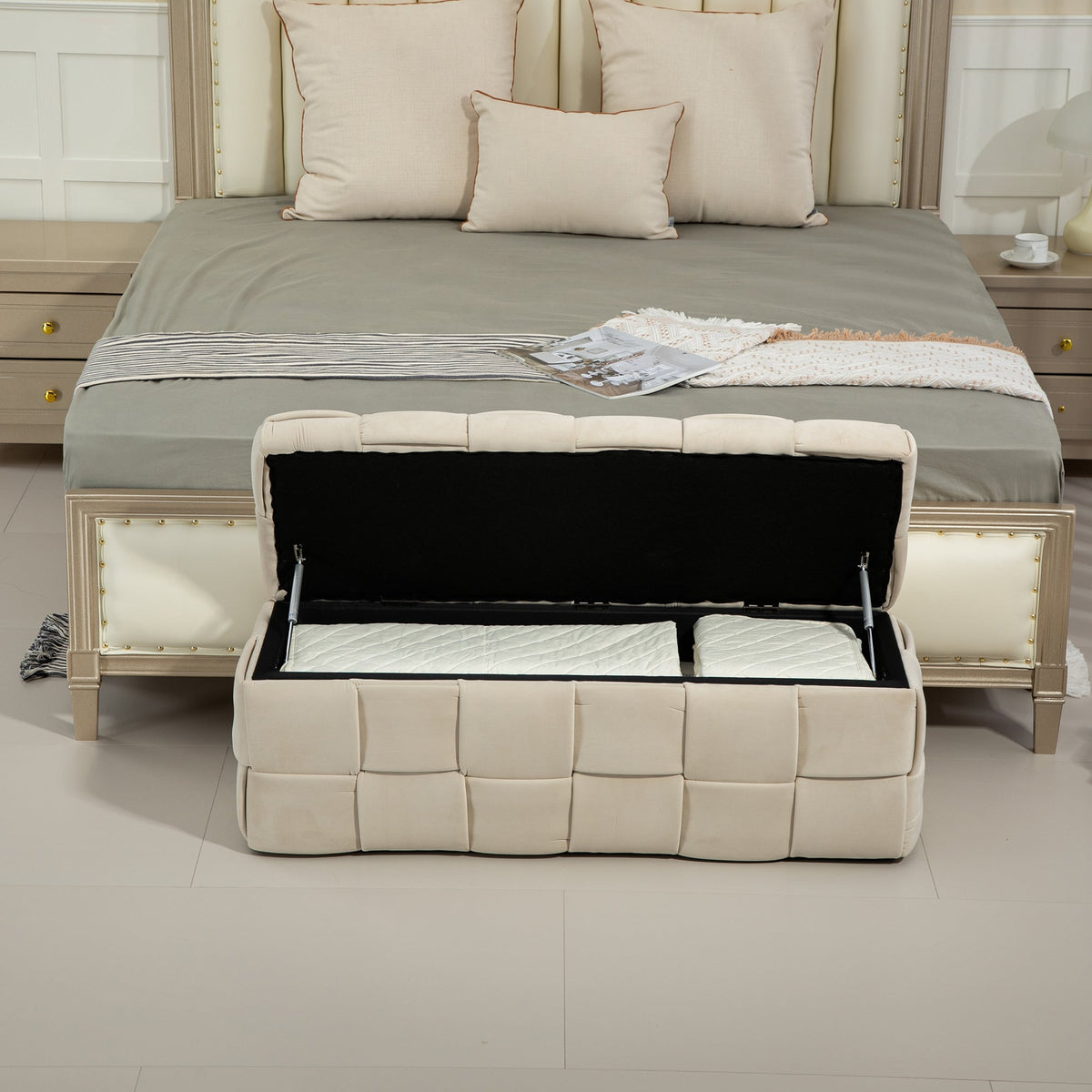Beige Cushioned Storage Ottoman with Safety Hinge