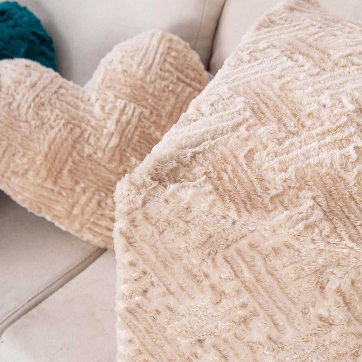 Champagne Heart-Shaped Faux Fur Throw Pillows