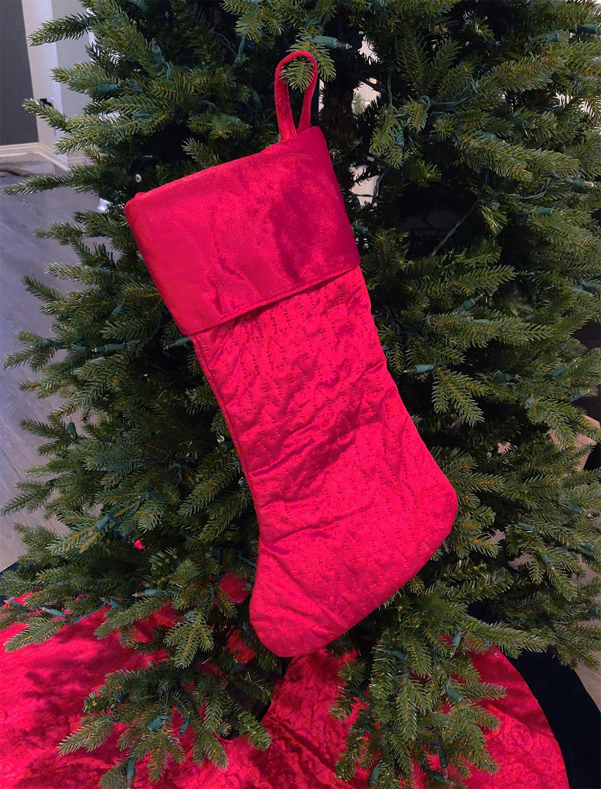Fennco Styles Vintage Velvet Allover Tree Pattern Stocking 8 x 19 Inch - Red Christmas Stocking for Holiday, Home Decor, Family Gathering and Special Occasion