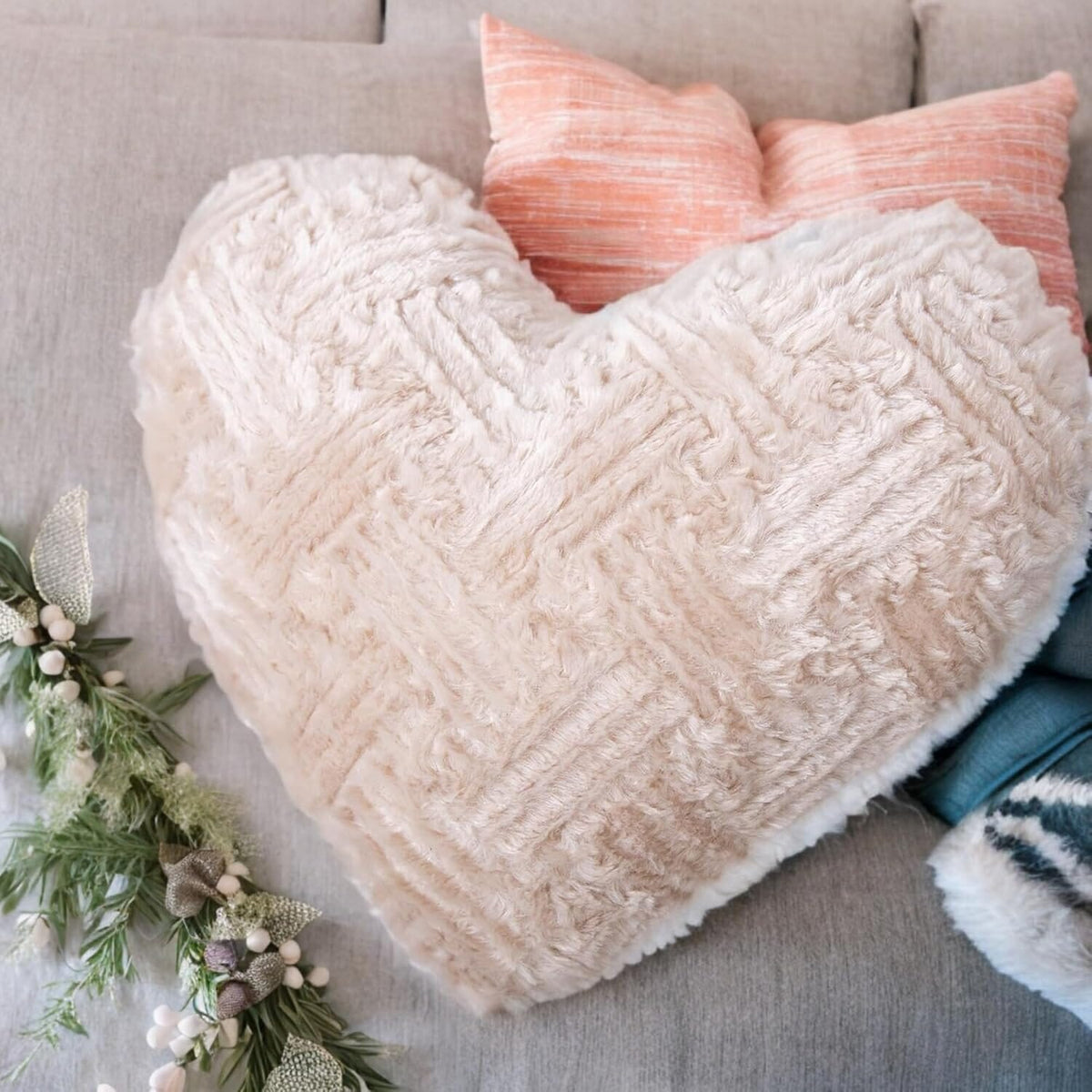 Champagne Heart-Shaped Faux Fur Throw Pillows