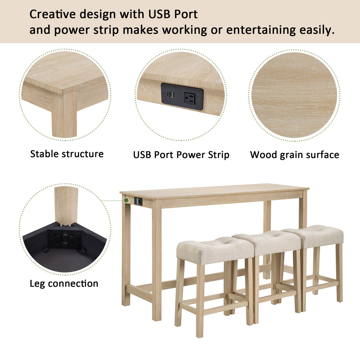 4-Piece Bar Table Set with Stools and Power Outlet, Light Oak