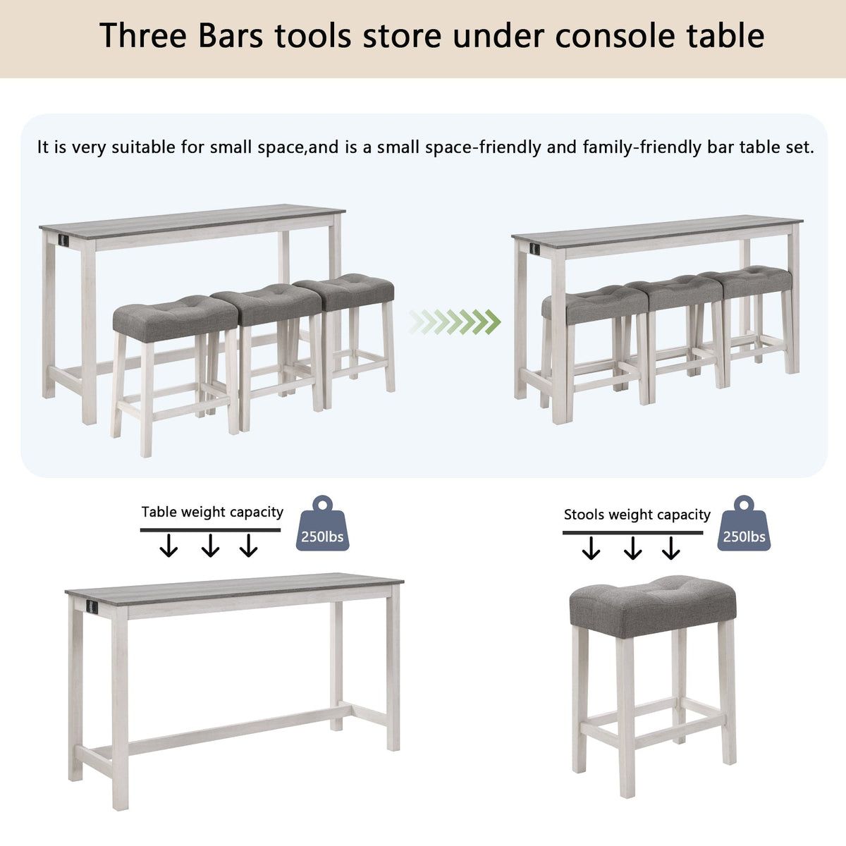 4-Piece Bar Table Set with Stools and Power Outlet, White & Grey