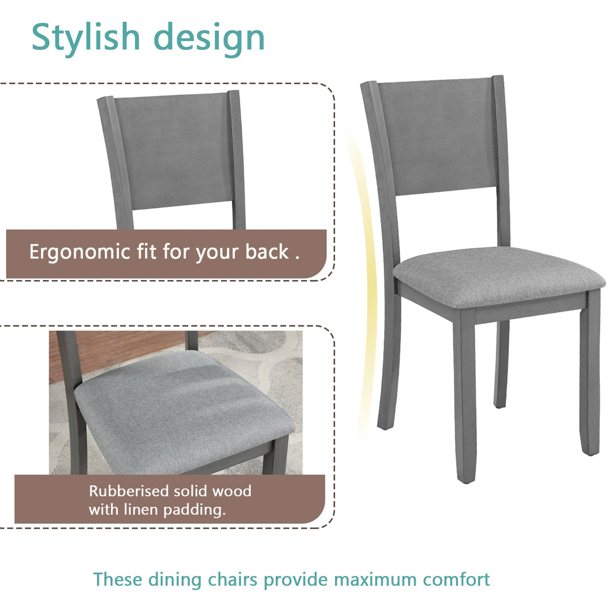 5-Piece Square Wooden Dining Set with Upholstered Chairs, Gray