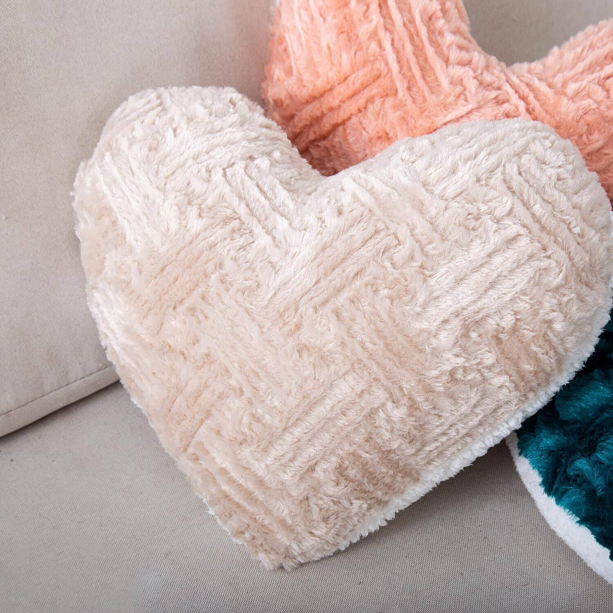 Champagne Heart-Shaped Faux Fur Throw Pillows