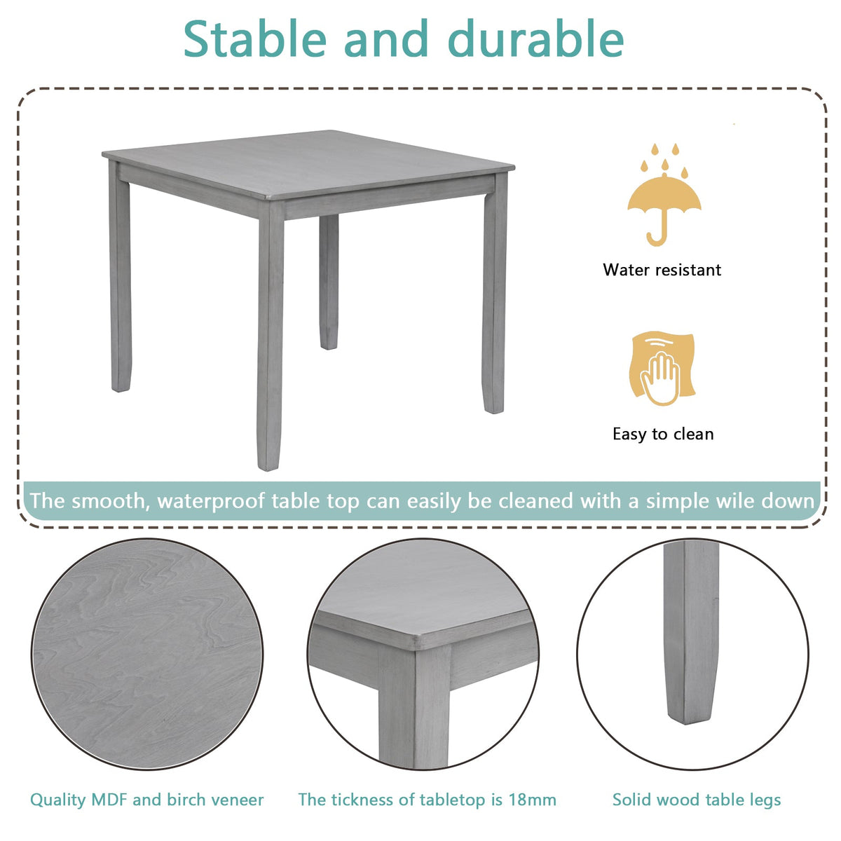 5-Piece Square Wooden Dining Set with Upholstered Chairs, Gray
