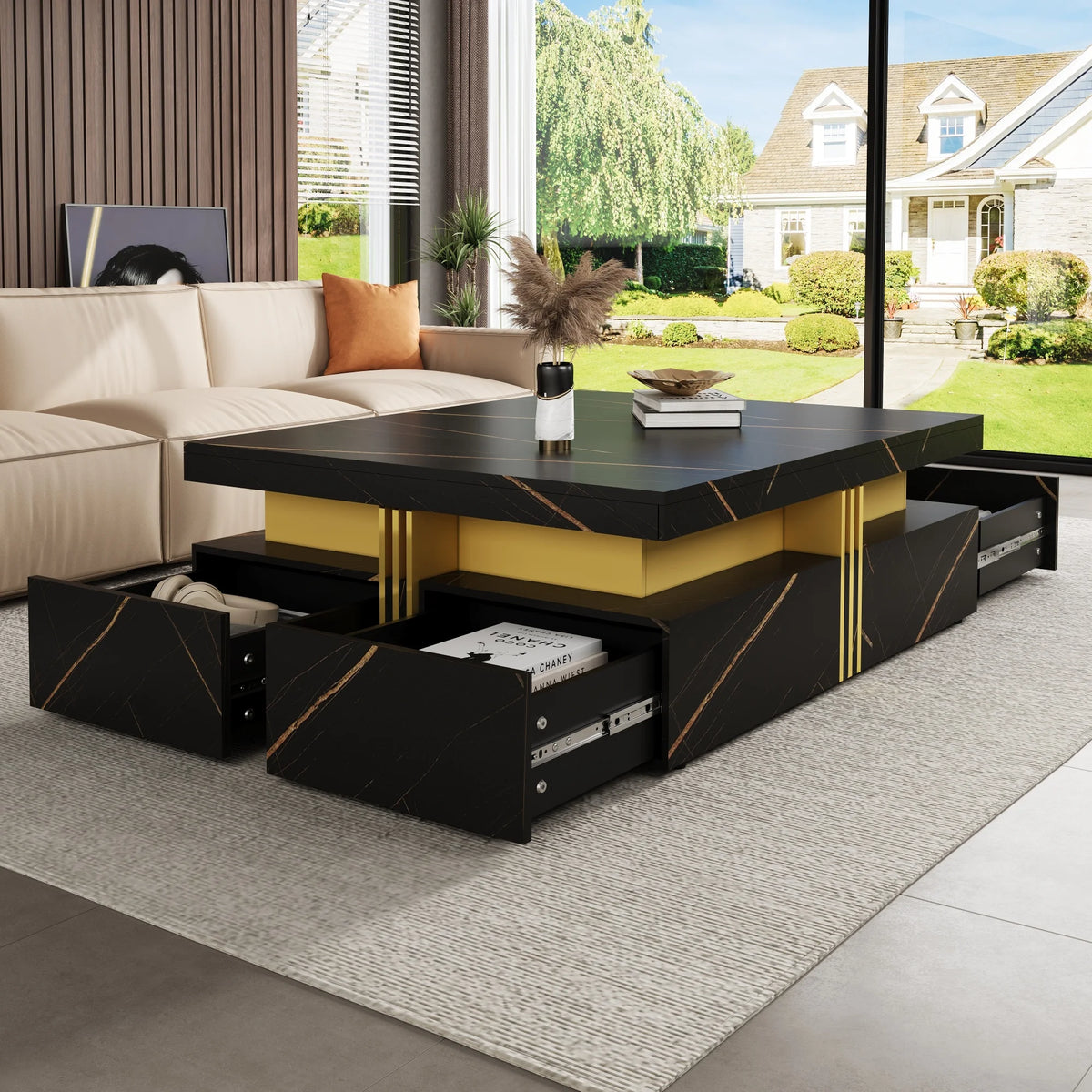White & Gold Square Coffee Table with 4 Drawers