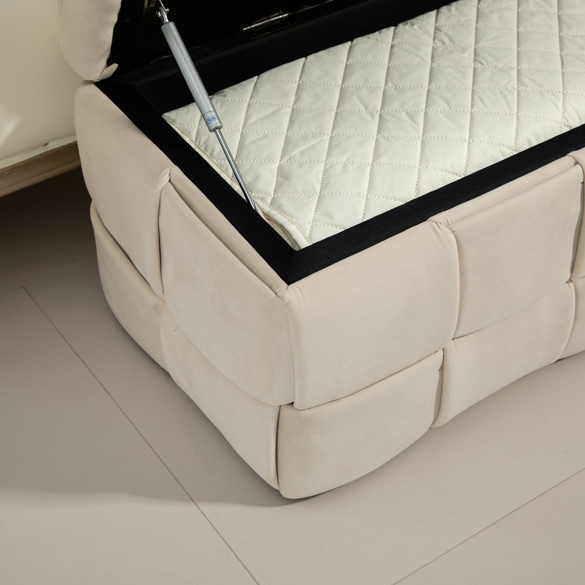 Beige Cushioned Storage Ottoman with Safety Hinge