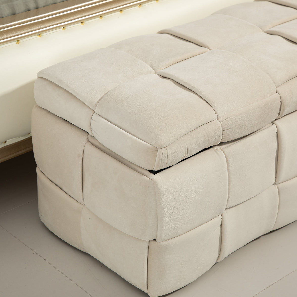 Beige Cushioned Storage Ottoman with Safety Hinge