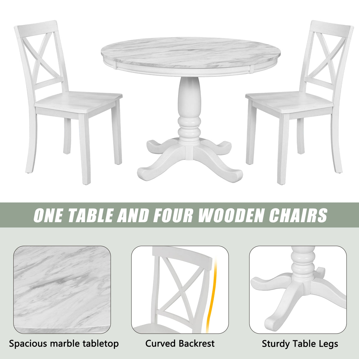 5-Piece White Solid Wood Dining Table Set for 4