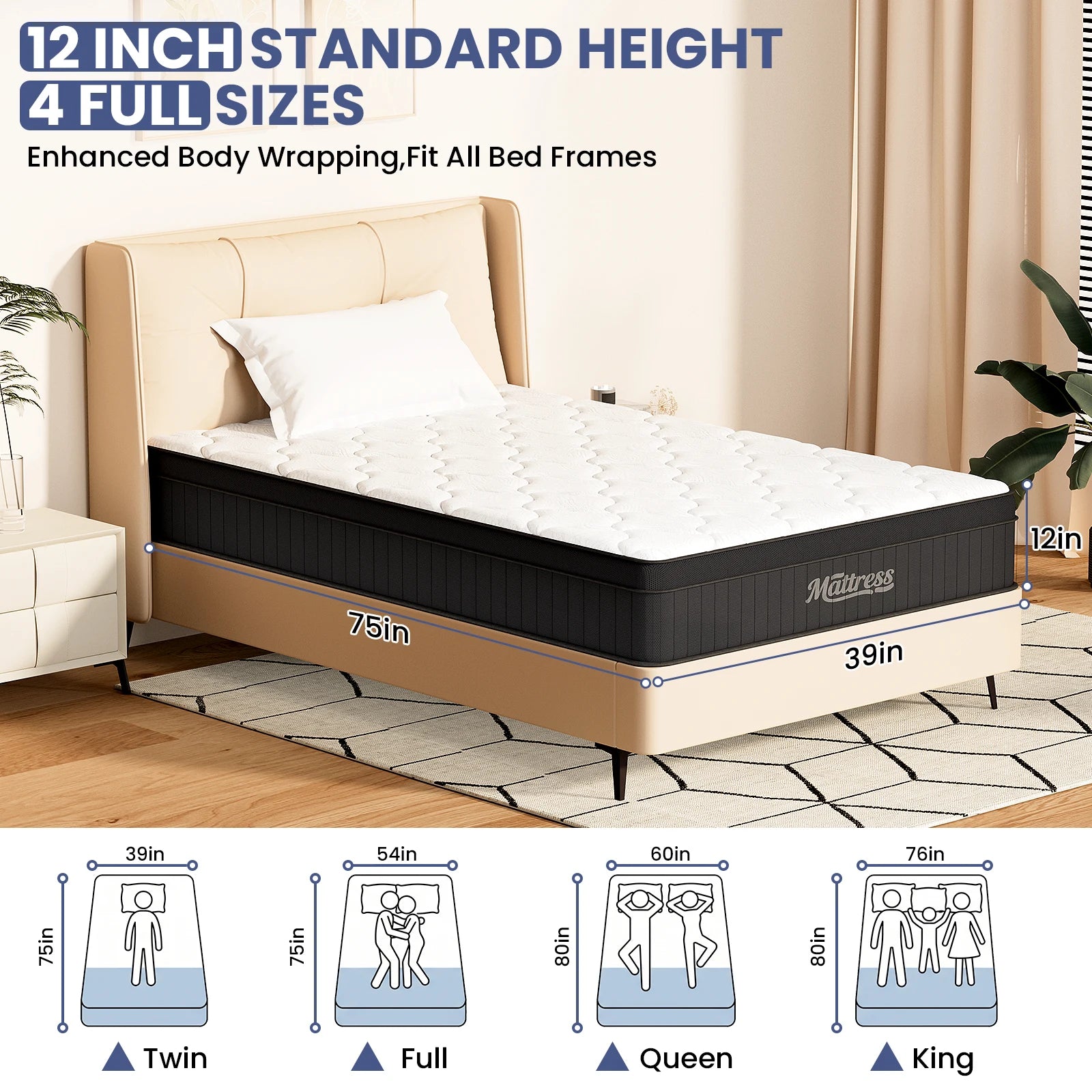 12 Inch Twin Mattress, Hybrid Pocket Spring Mattress in a Box, Medium Firm, Fiberglass Free, Edge Support & Back Pain Relief for Daily Sleep,White