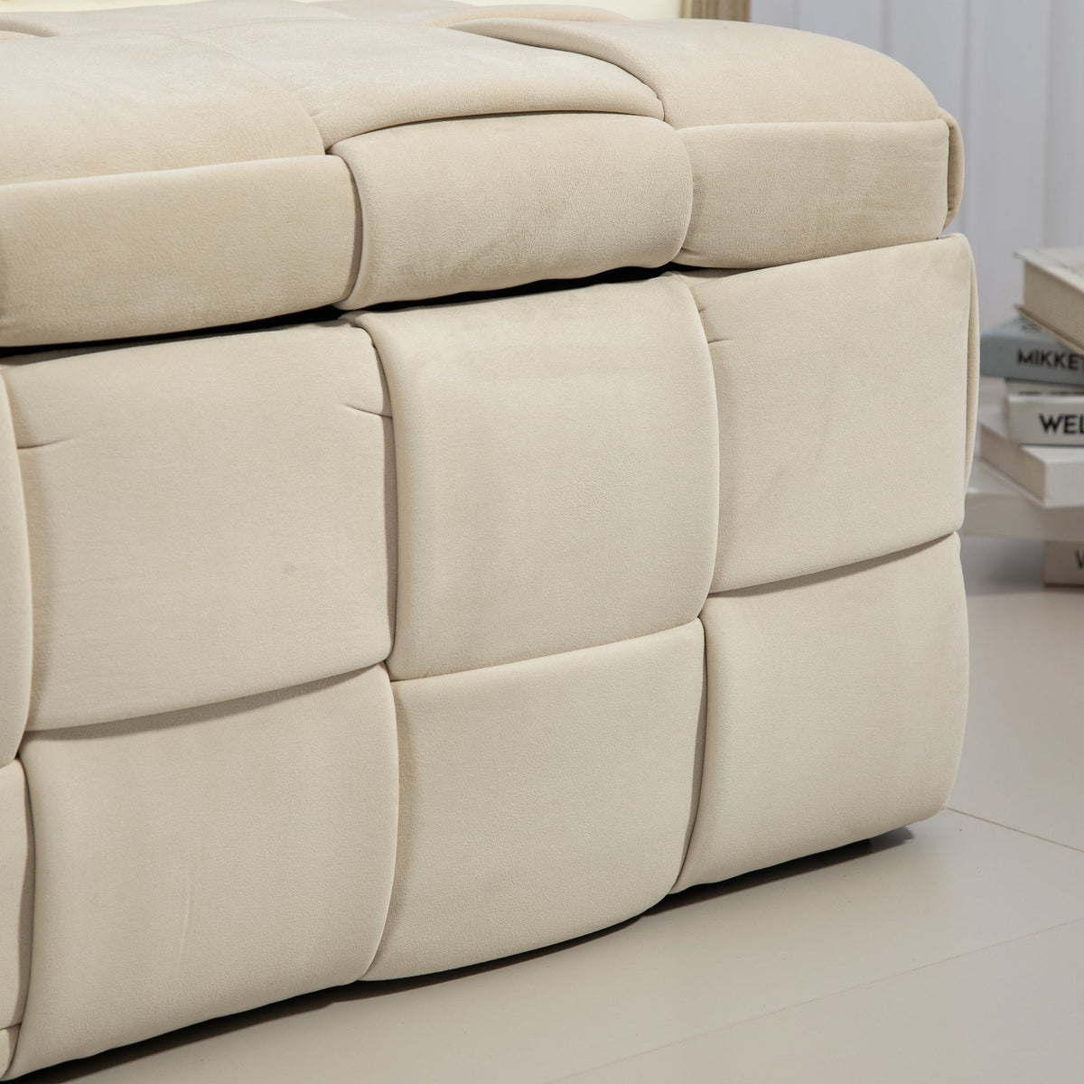 Beige Cushioned Storage Ottoman with Safety Hinge
