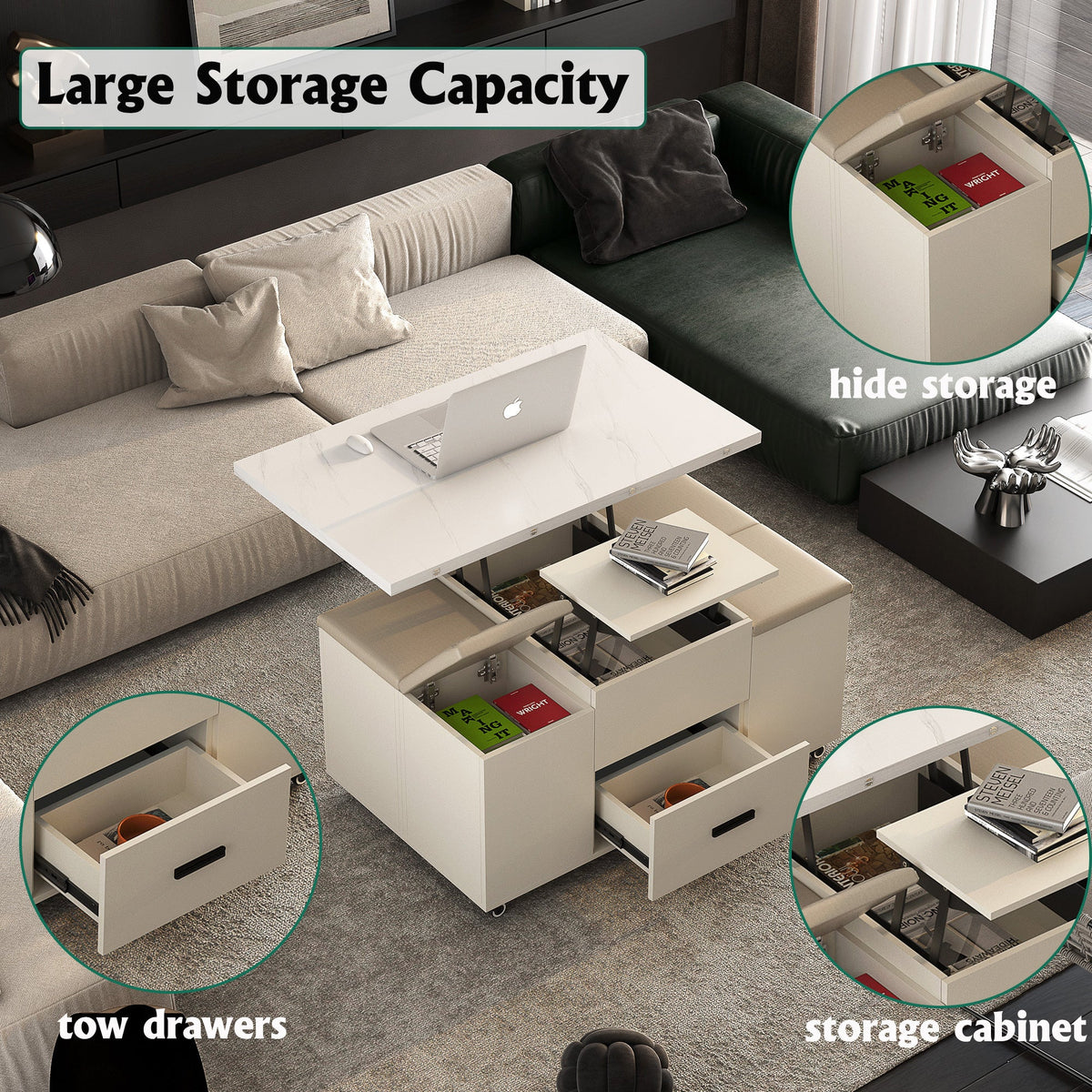 Lift-Top Folding Coffee Table with Storage Drawers