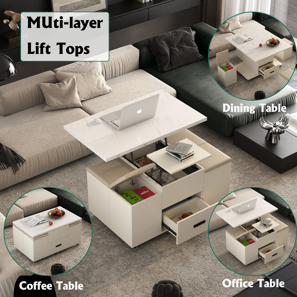 Lift-Top Folding Coffee Table with Storage Drawers