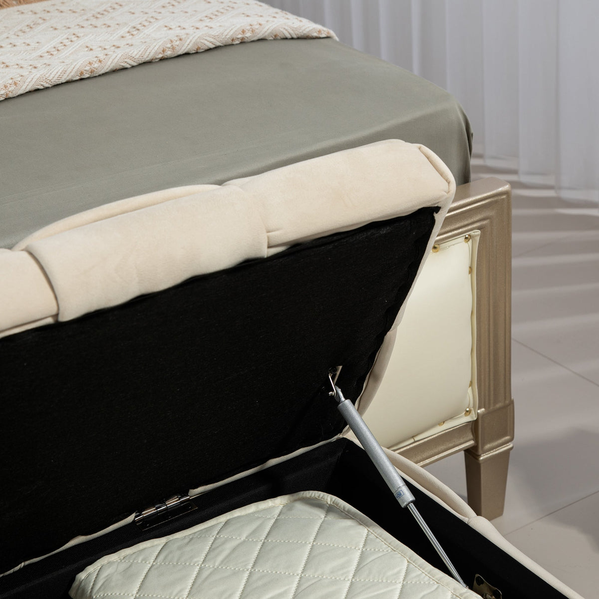 Beige Cushioned Storage Ottoman with Safety Hinge