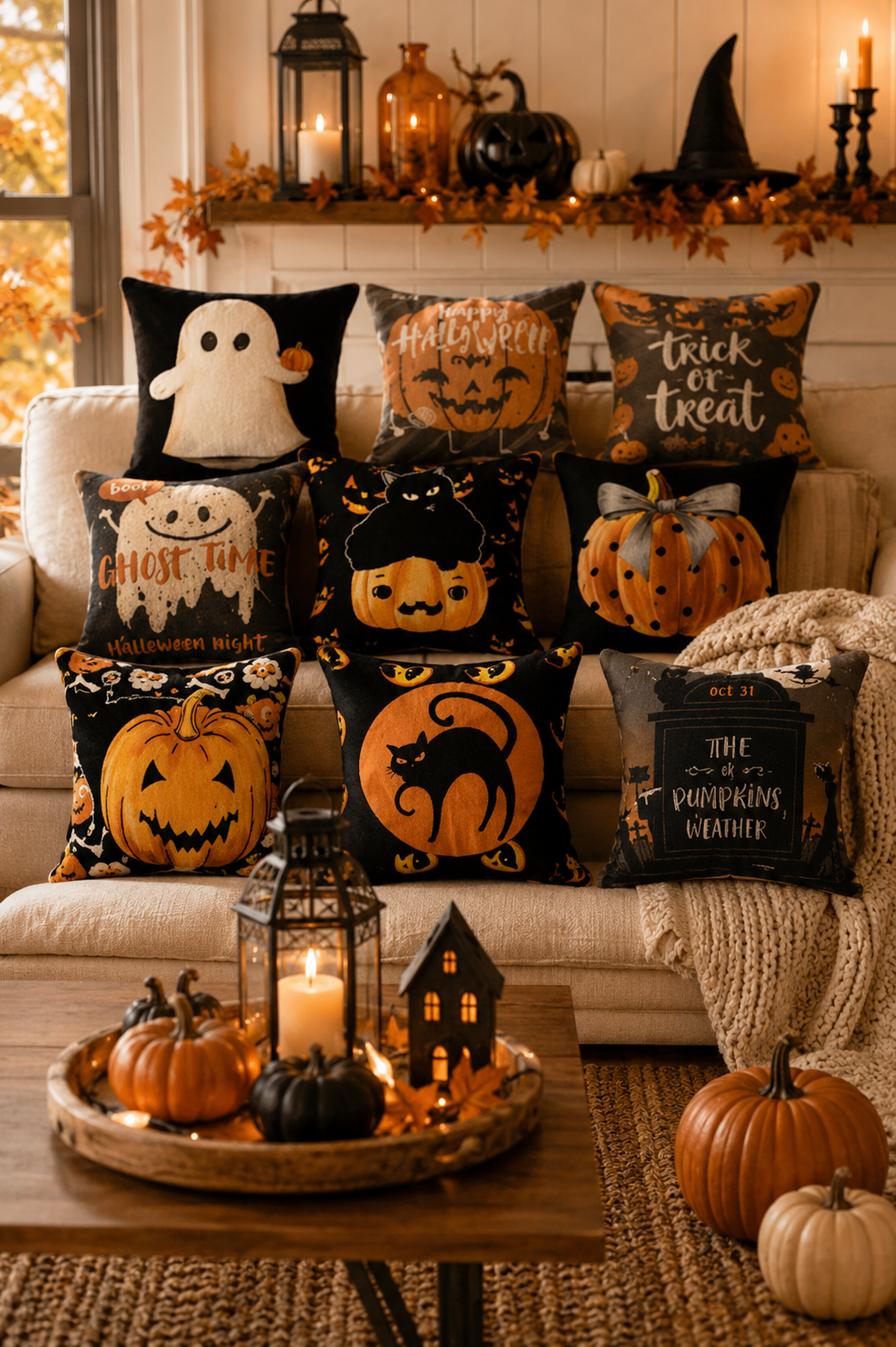 Halloween Pumpkin & Ghost Throw Pillow Cover – Spooky Fall Sofa Décor