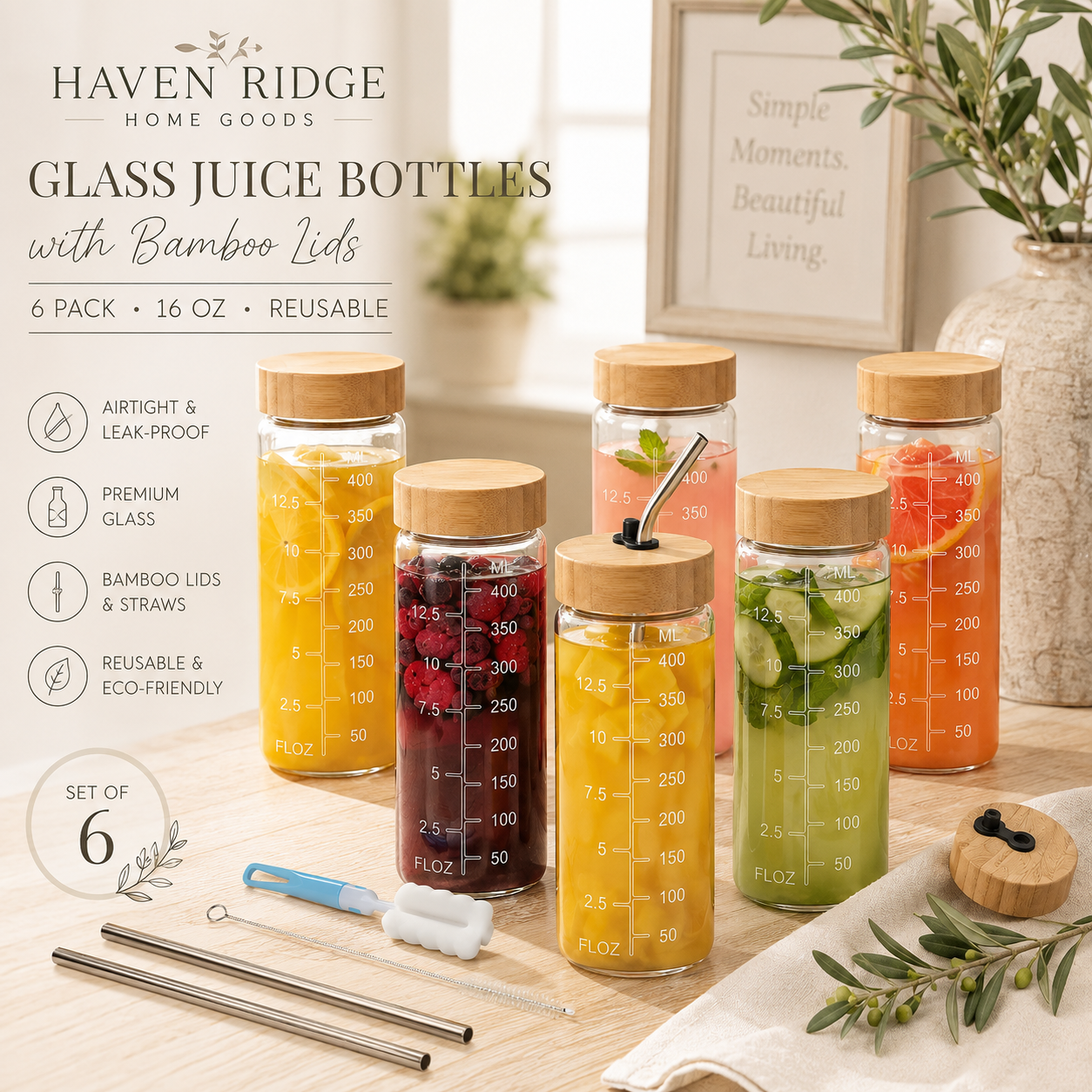 Haven Ridge Refresh Glass Juice Bottle Set with Bamboo Lids – Set of 6