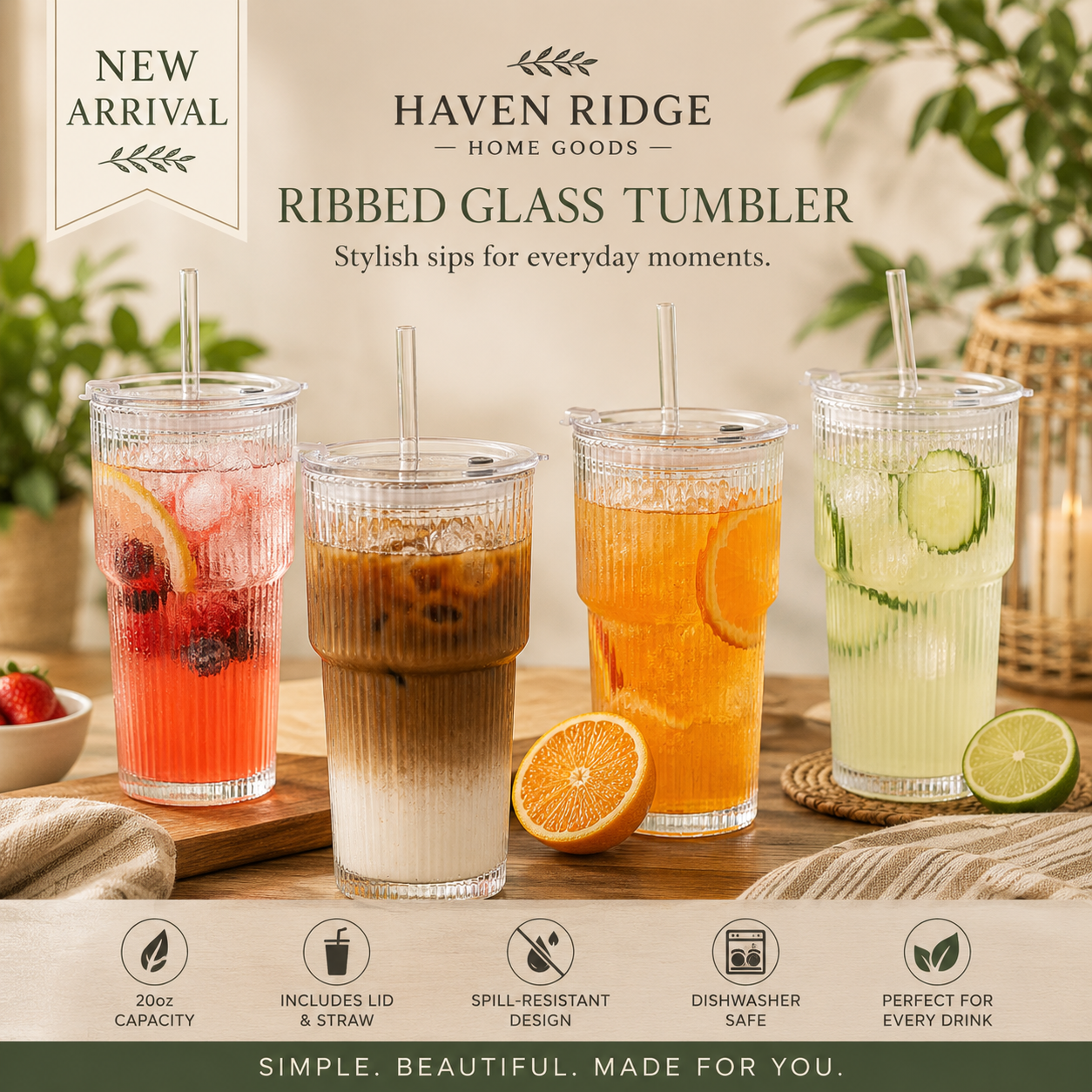 Haven Ridge Refresh Ribbed Glass Tumbler with Bamboo Lid & Straw – 20oz