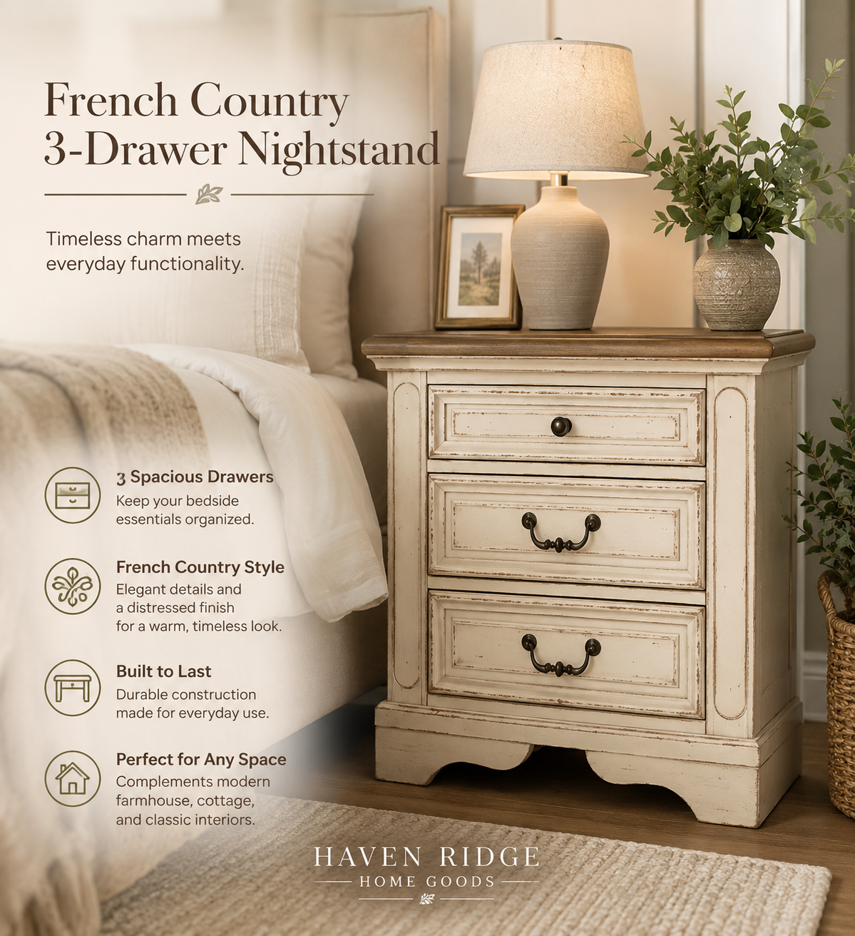 Realyn French Country 3-Drawer Nightstand with Charging Station