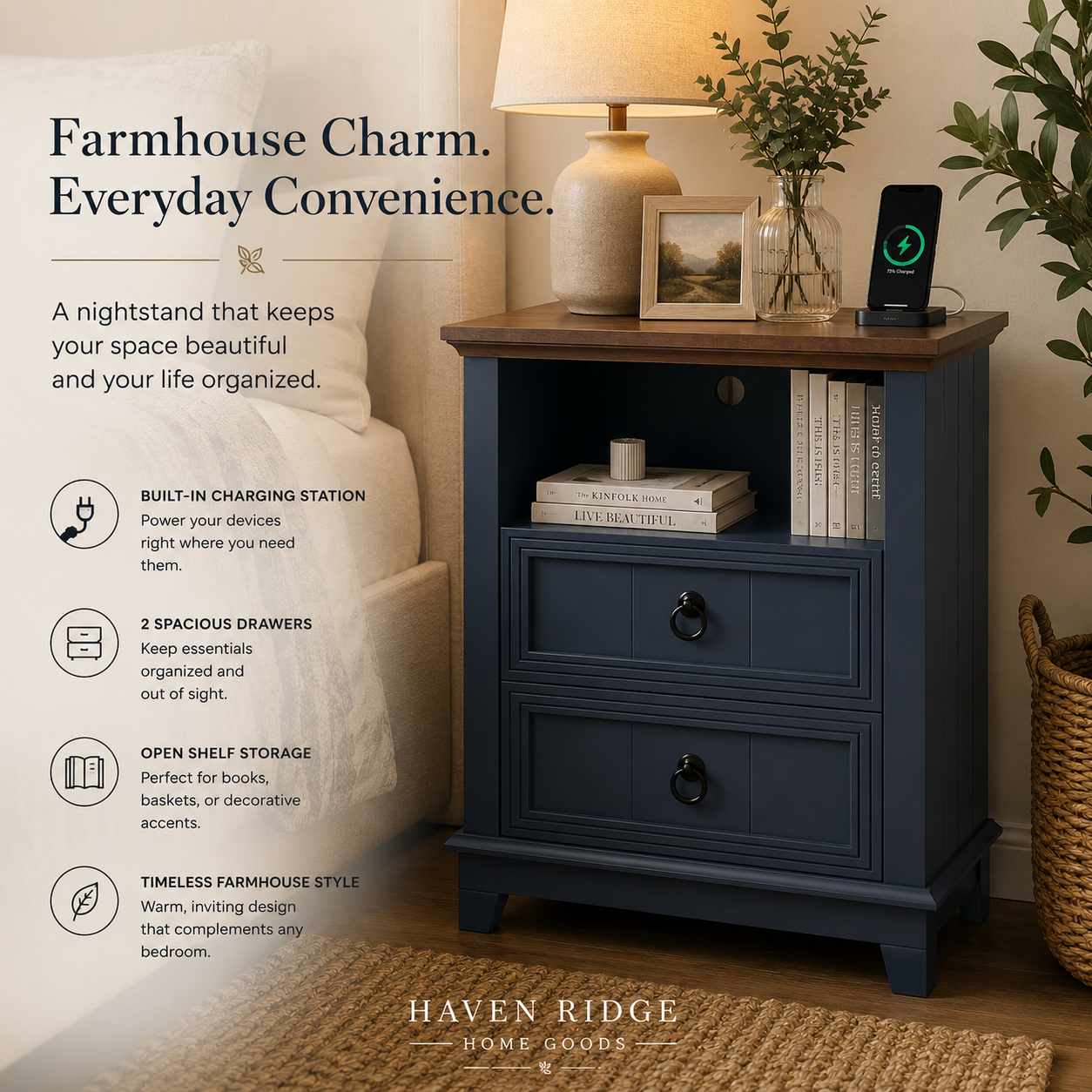 Ridgewood Farmhouse Nightstand with Charging Station