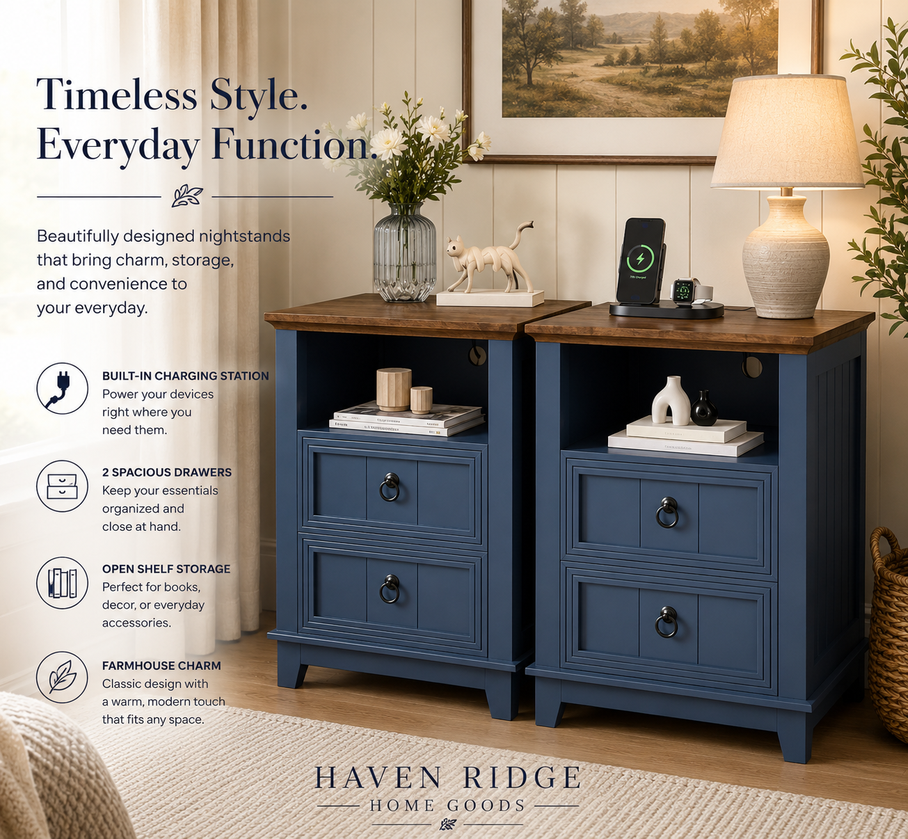Ridgewood Farmhouse Nightstand with Charging Station