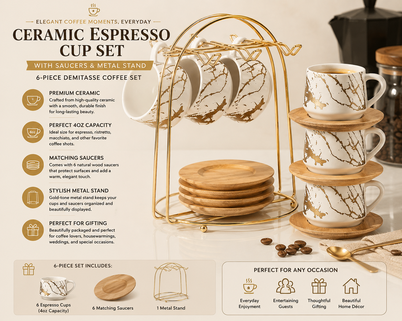 Café Lumière Ceramic Espresso Cup Set with Metal Stand